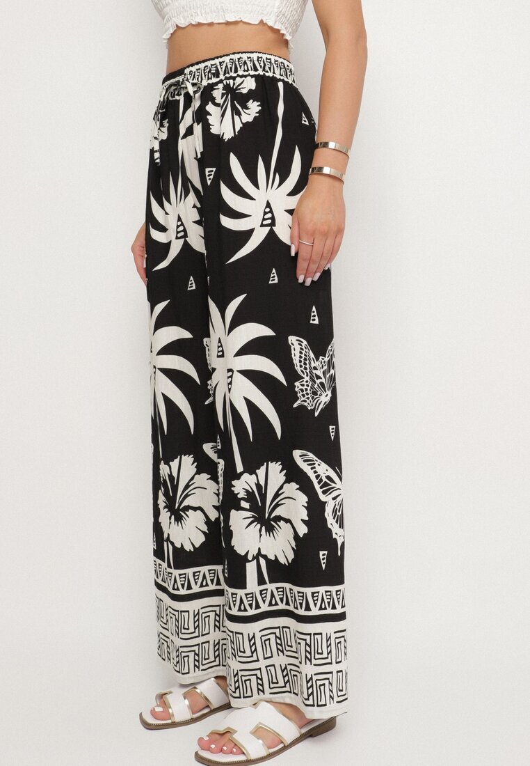 j&x Pantaloni Negri cu Model tropical și cu Picioare largi Emivelli