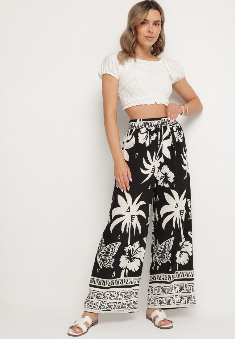 j&x Pantaloni Negri cu Model tropical și cu Picioare largi Emivelli