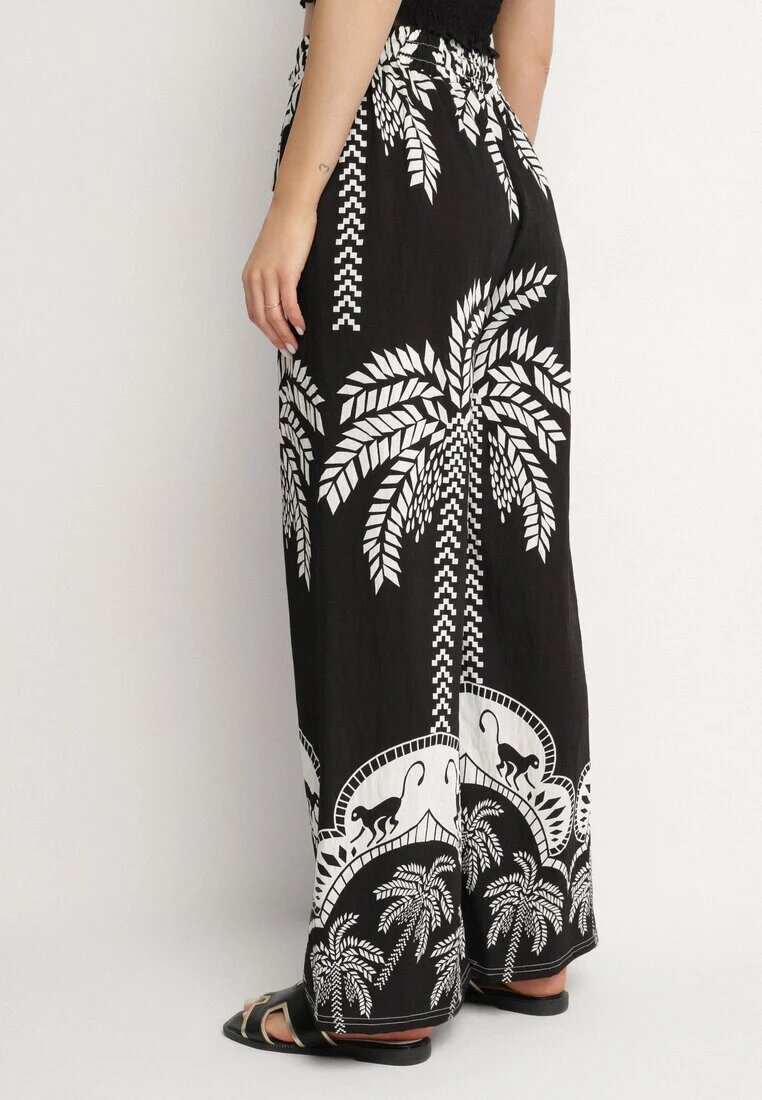 j&x Pantaloni negri largi din viscoză cu talie înaltă cu palmieri Bolritia