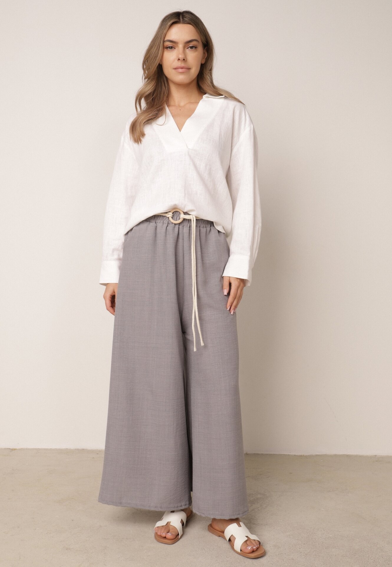 j&x Pantaloni palazzo largi din vâscoză cu talie înaltă și șnur Calamia Gri