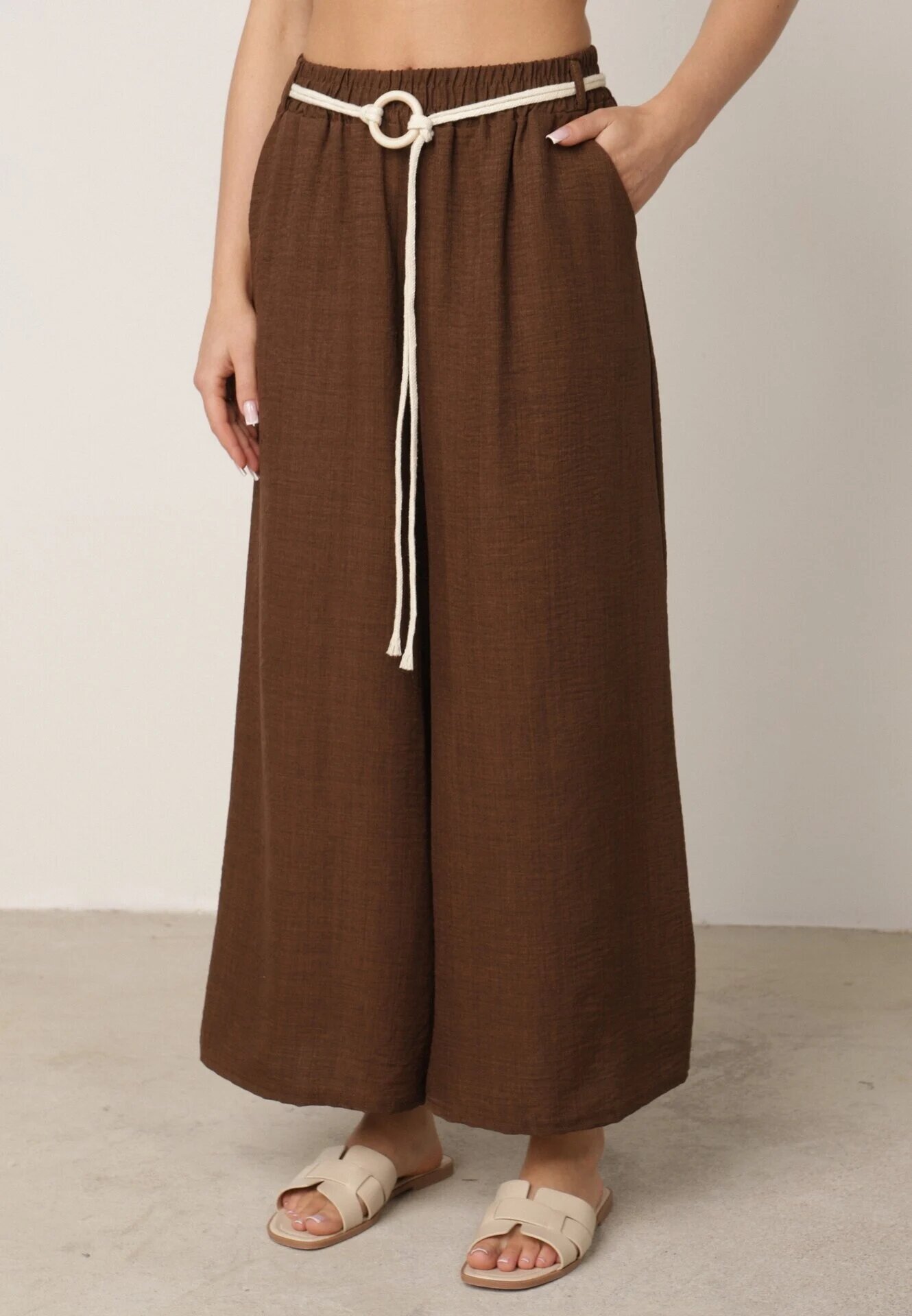 j&x Pantaloni palazzo largi din vâscoză cu talie înaltă și șnur Calamia Maro