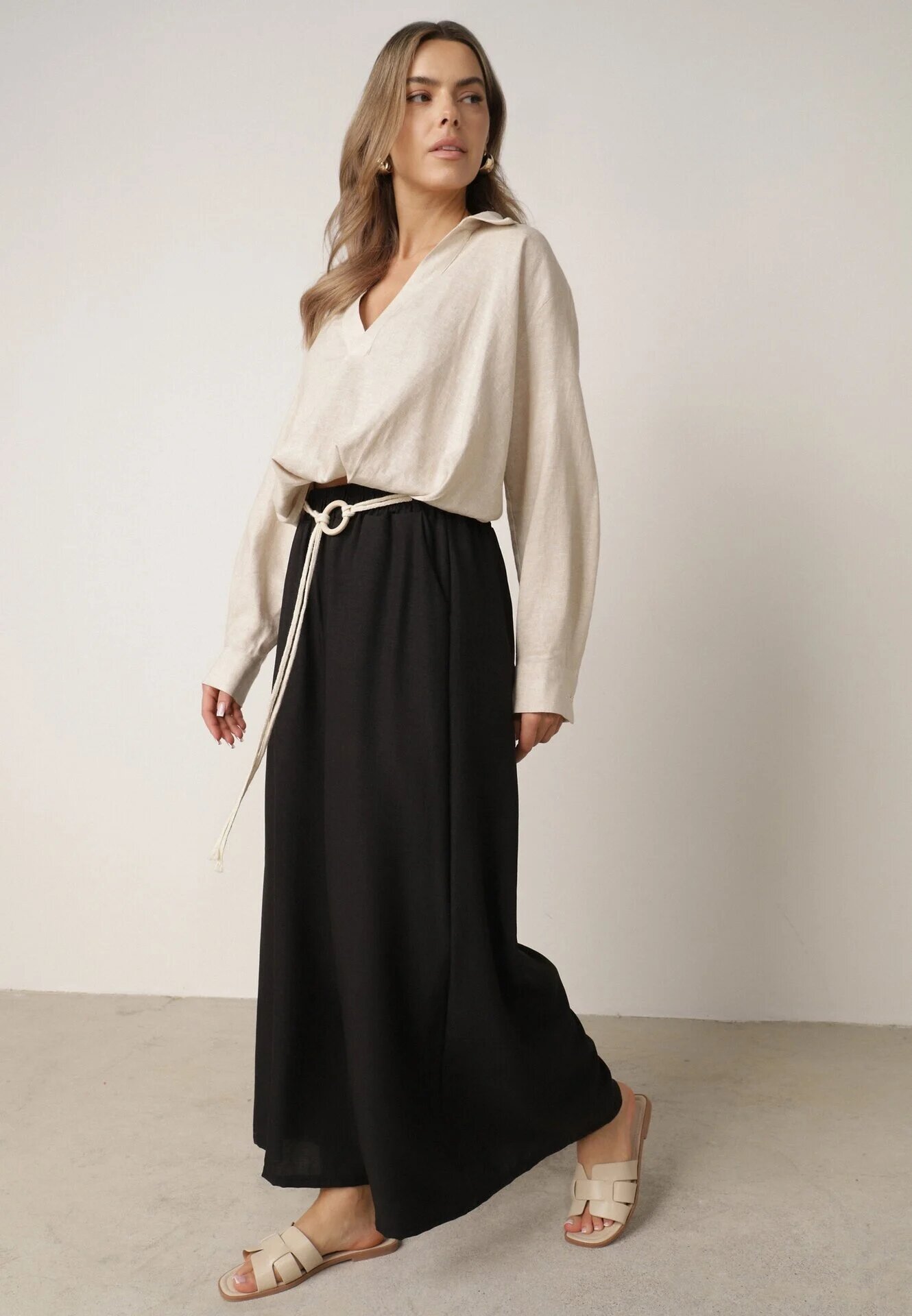 j&x Pantaloni palazzo largi din vâscoză cu talie înaltă și șnur Calamia Negri