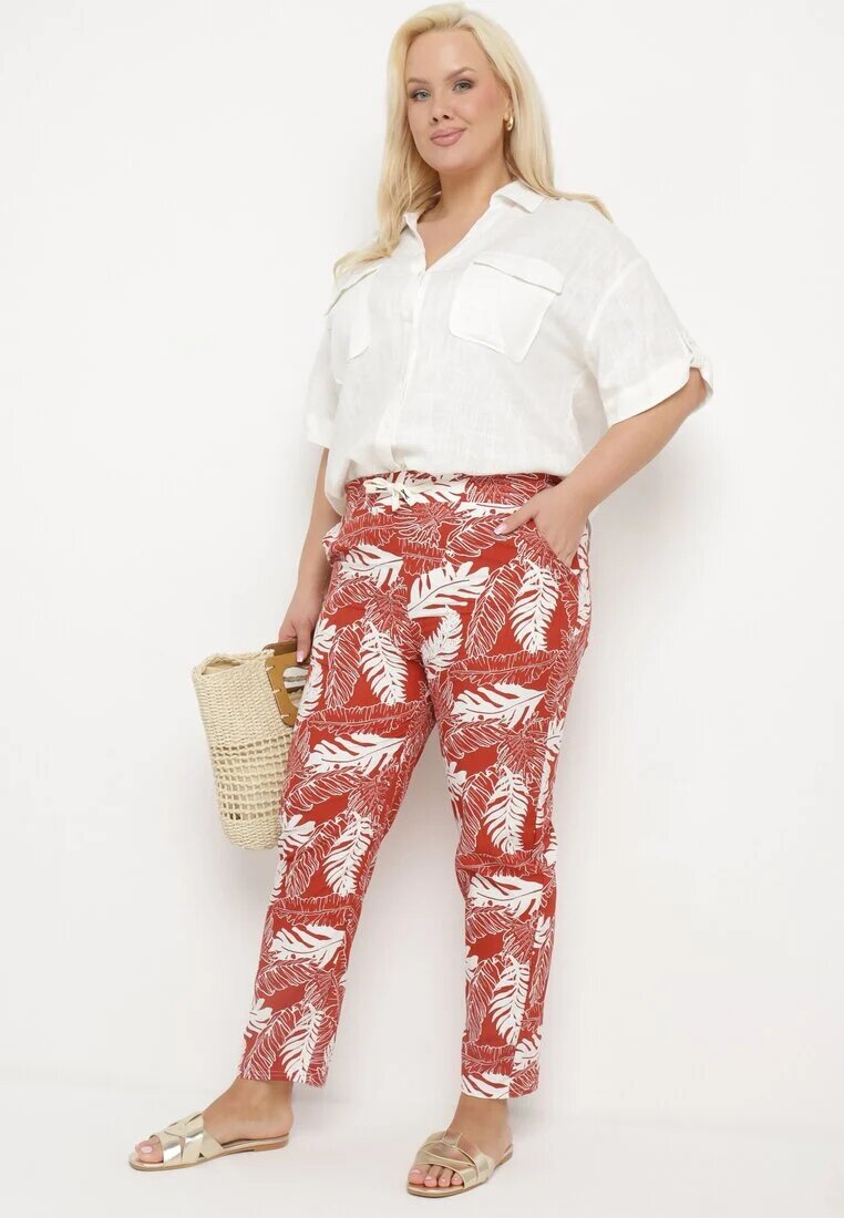j&x Pantaloni Portocaliu-Alb cu Talie Înaltă cu Buzunare cu Imprimeu Floral Givona