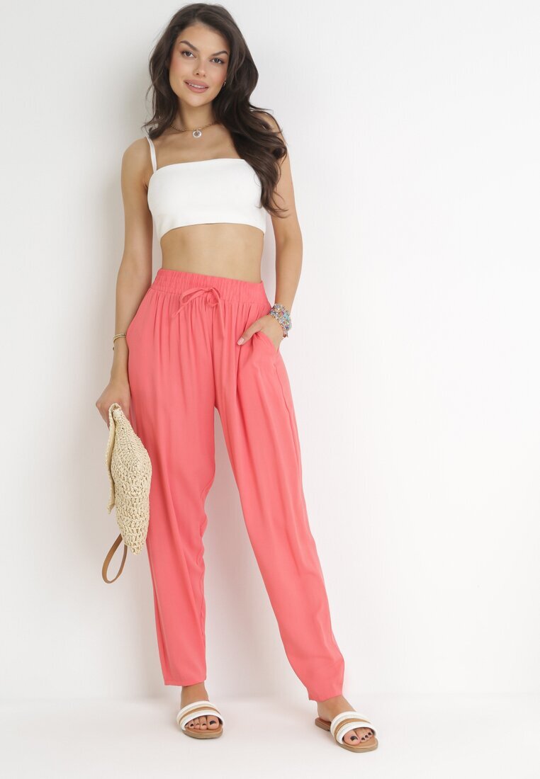 j&x Pantaloni Roz cu elastic încrețit în talie și șnur din viscoză Honori