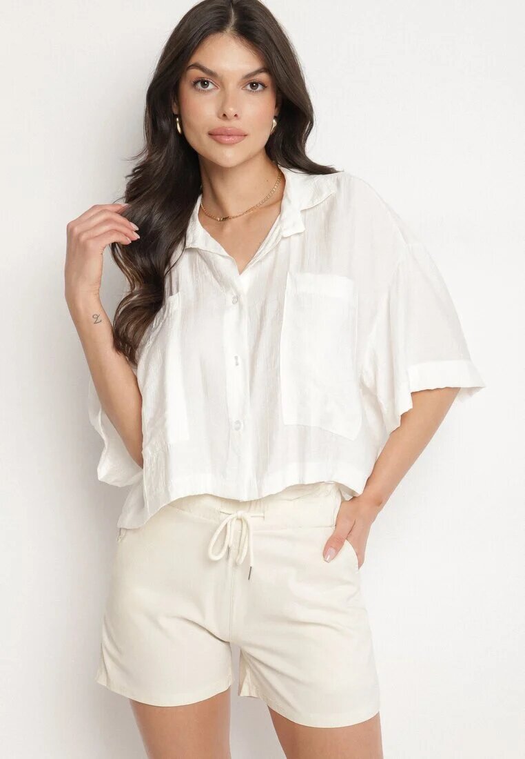 j&x Pantaloni scurți Bej deschis din Bumbac cu Talie Înaltă Decorați cu Volan și Șnur Acreria