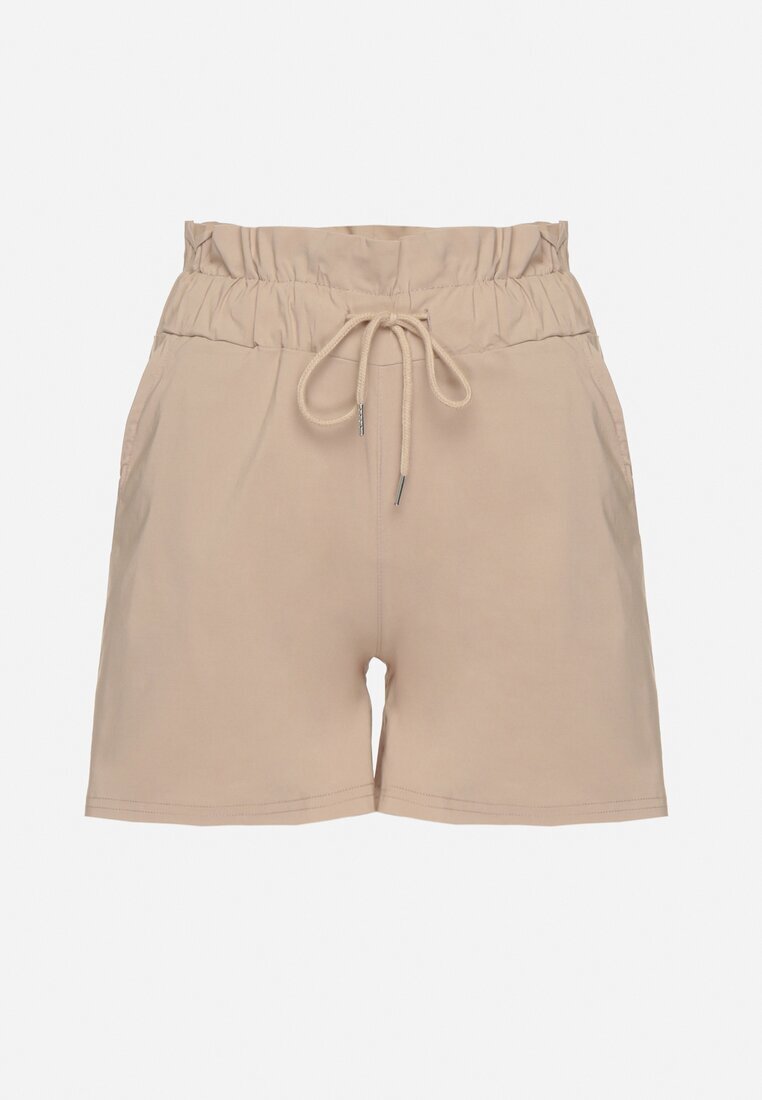 j&x Pantaloni scurți Bej din bumbac cu talie înaltă decorate cu volan și șnur Acreria