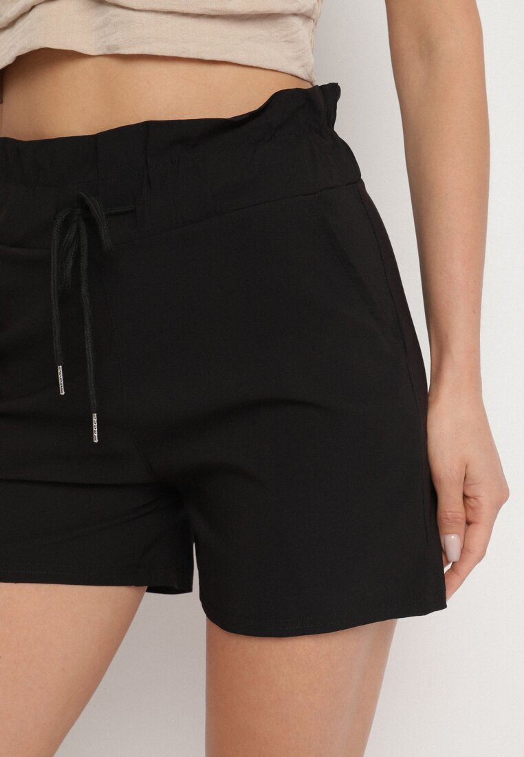 j&x Pantaloni scurți Negri din Bumbac cu Talie Înaltă Decorați cu Volan și Șnur Acreria