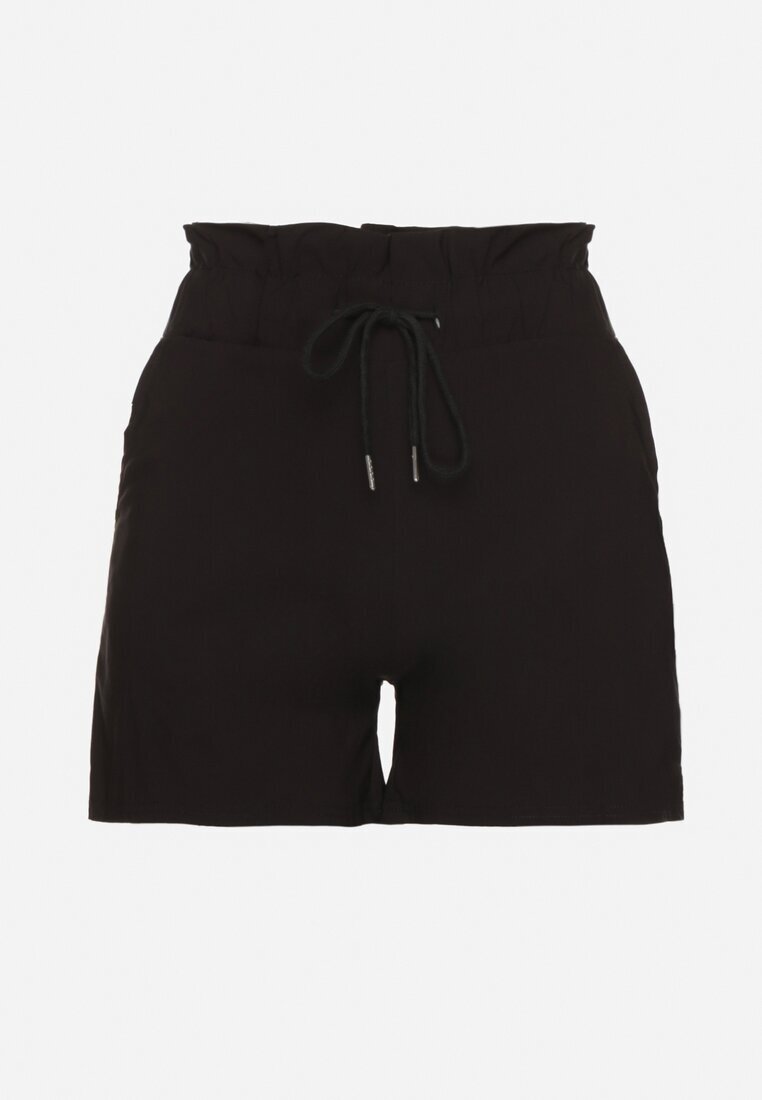 j&x Pantaloni scurți Negri din Bumbac cu Talie Înaltă Decorați cu Volan și Șnur Acreria
