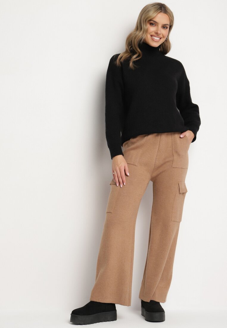 j&x Pantaloni Tricotați Bej închis Croi larg Cu elastic în talie și buzunare Emarissea