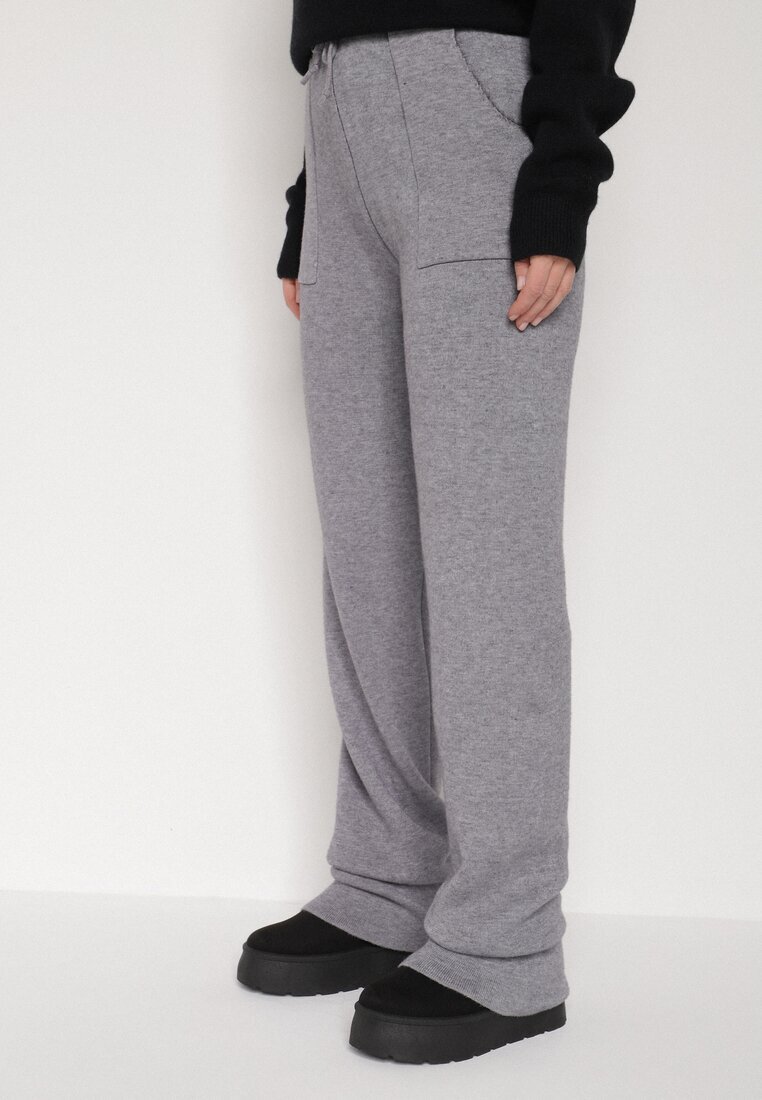 j&x Pantaloni Tricotati Gri cu Lână cu Buzunare Decorative Monilana