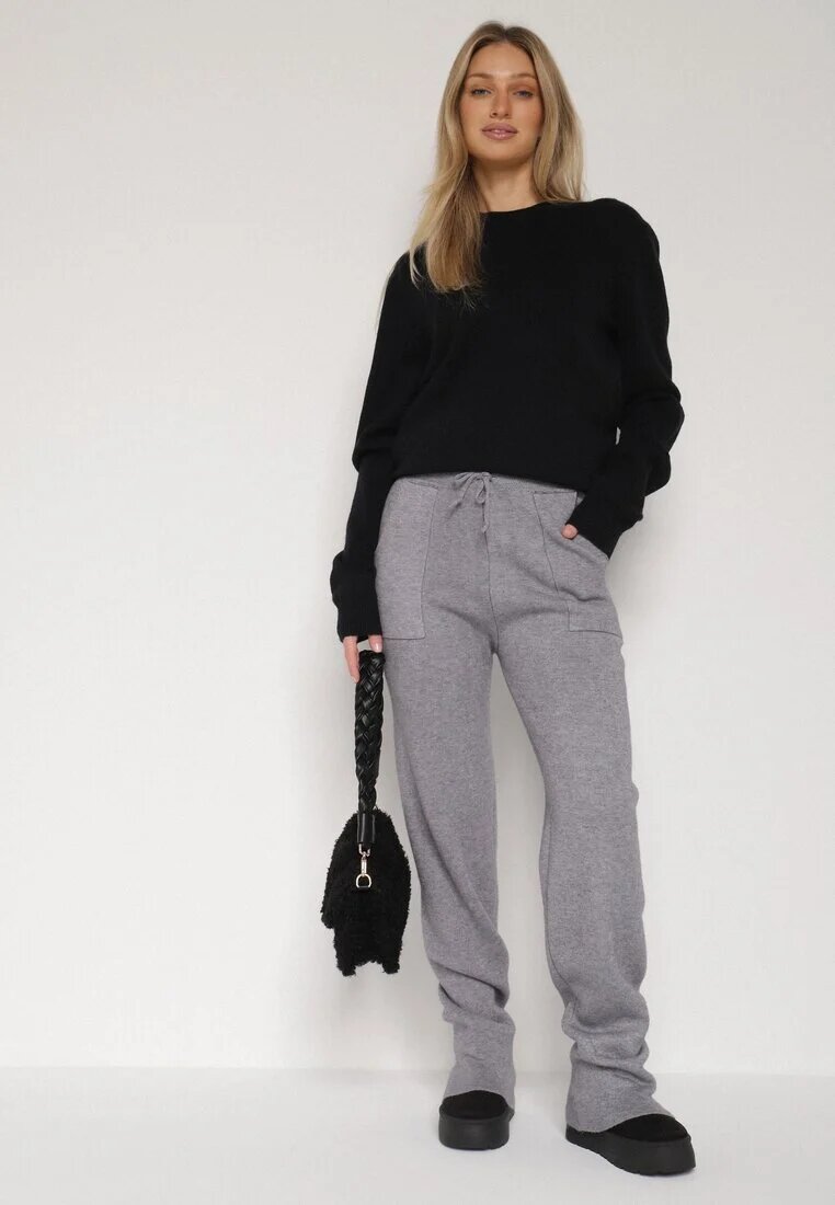 j&x Pantaloni Tricotati Gri cu Lână cu Buzunare Decorative Monilana