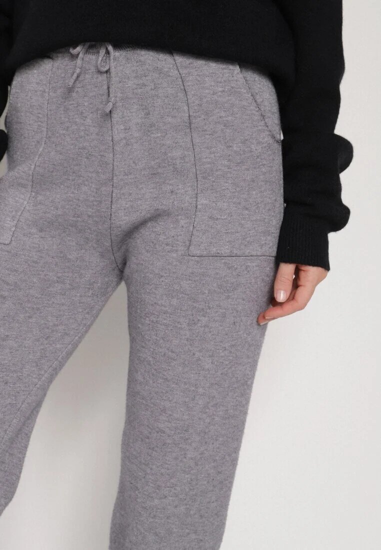 j&x Pantaloni Tricotati Gri cu Lână cu Buzunare Decorative Monilana