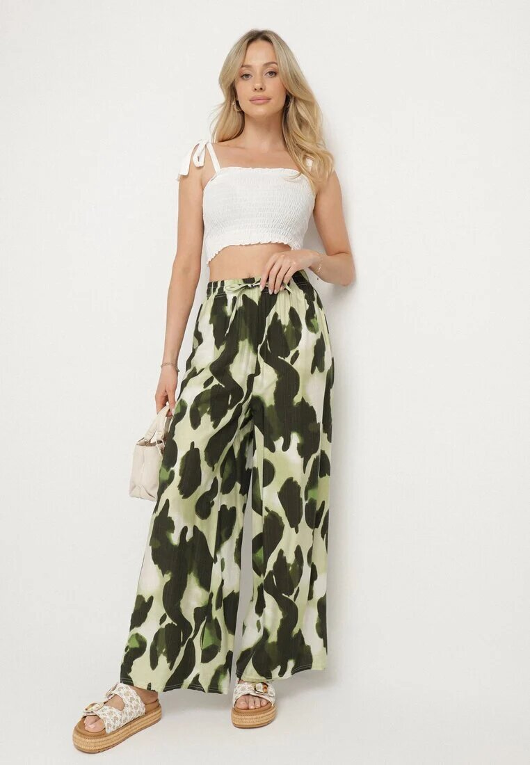 j&x Pantaloni verde deschis din Viscoză cu croi larg cu talie înaltă cu imprimeu leopard Zelmara