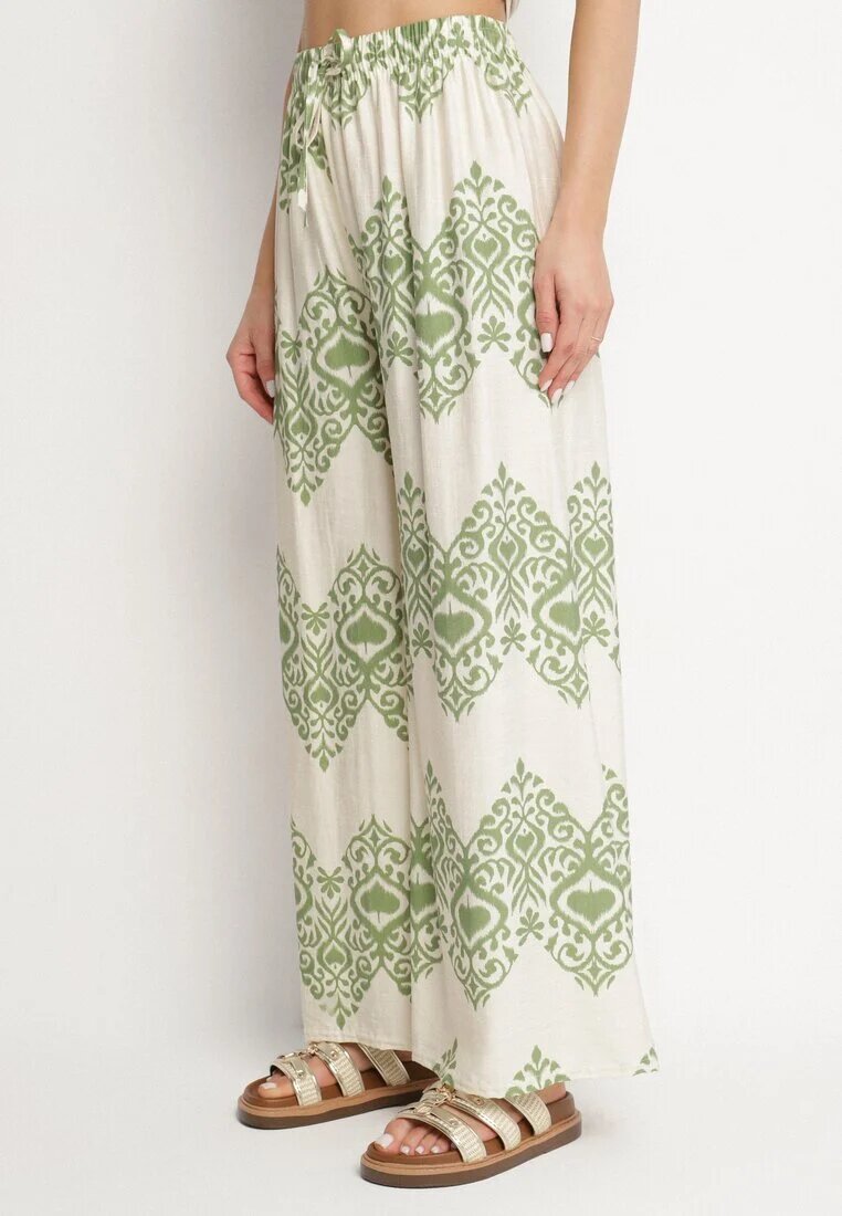 j&x Pantaloni Verzi din Viscoză Largi cu Model Geometric Faneoriela