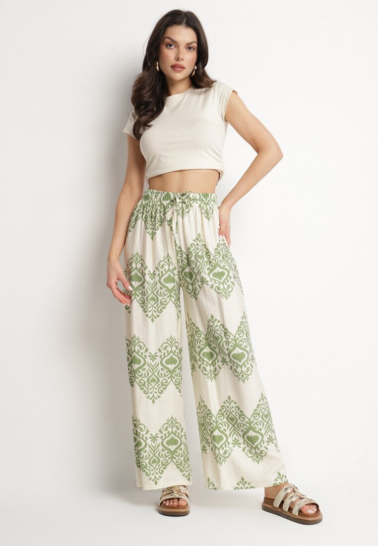j&x Pantaloni Verzi din Viscoză Largi cu Model Geometric Faneoriela