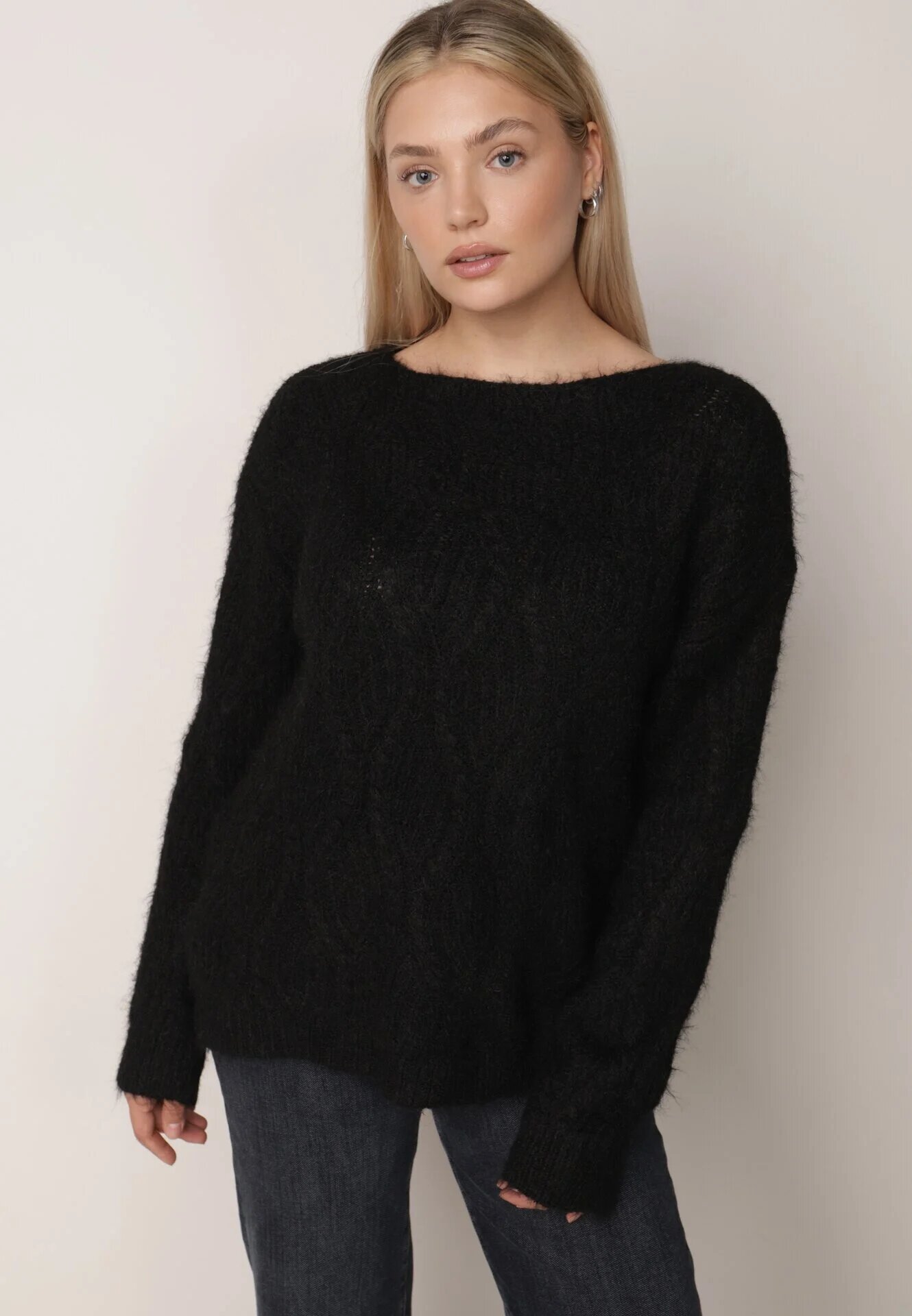 j&x Pulover ajurat cu lână și bumbac decorat cu împletituri Sanani Negru