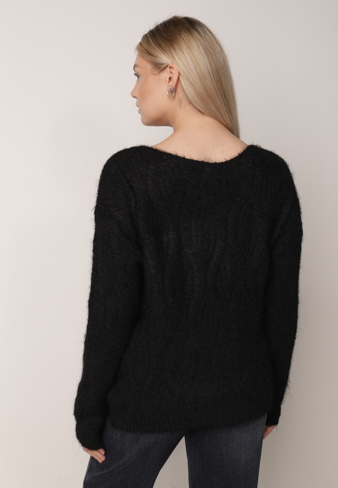 j&x Pulover ajurat cu lână și bumbac decorat cu împletituri Sanani Negru