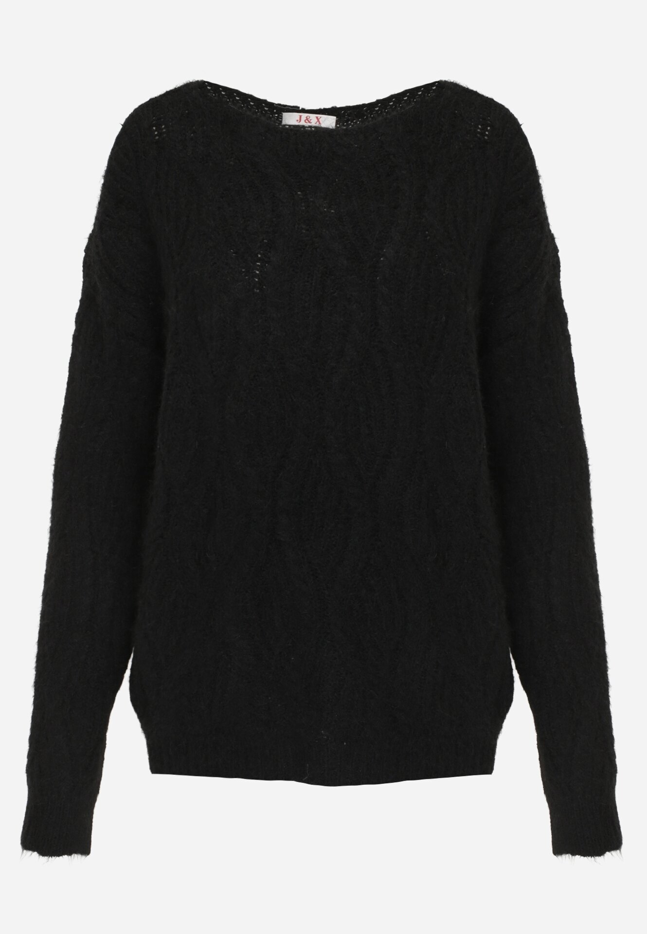 j&x Pulover ajurat cu lână și bumbac decorat cu împletituri Sanani Negru
