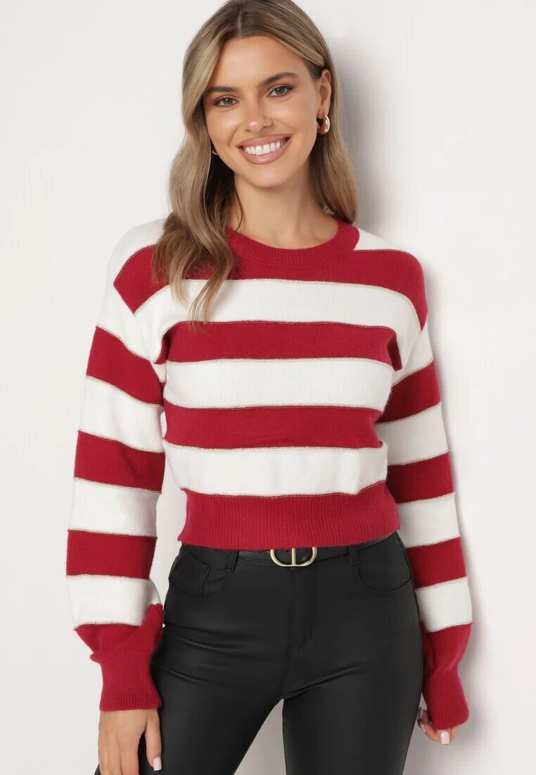 j&x Pulover Alb-Bordo în Dungi Decorat cu Fir Metalic Zinellea