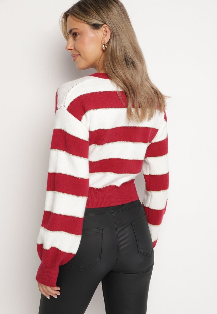 j&x Pulover Alb-Bordo în Dungi Decorat cu Fir Metalic Zinellea