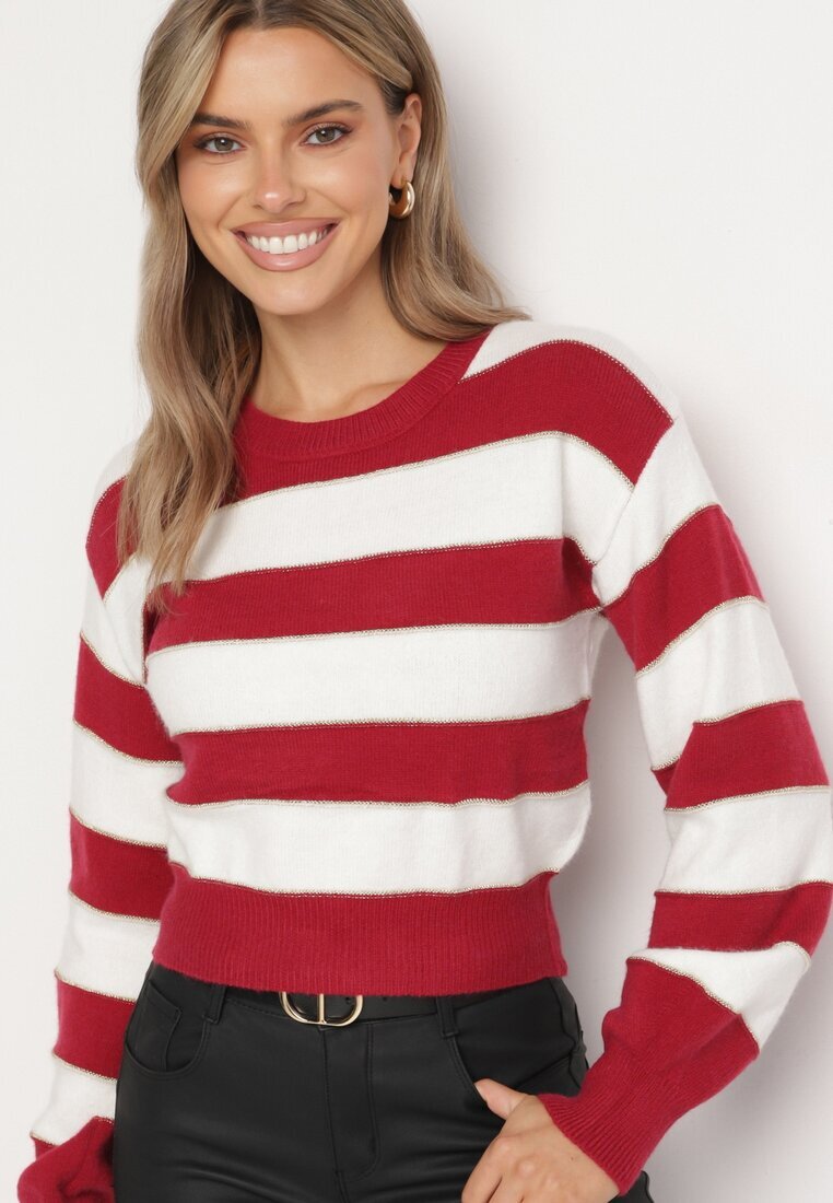 j&x Pulover Alb-Bordo în Dungi Decorat cu Fir Metalic Zinellea