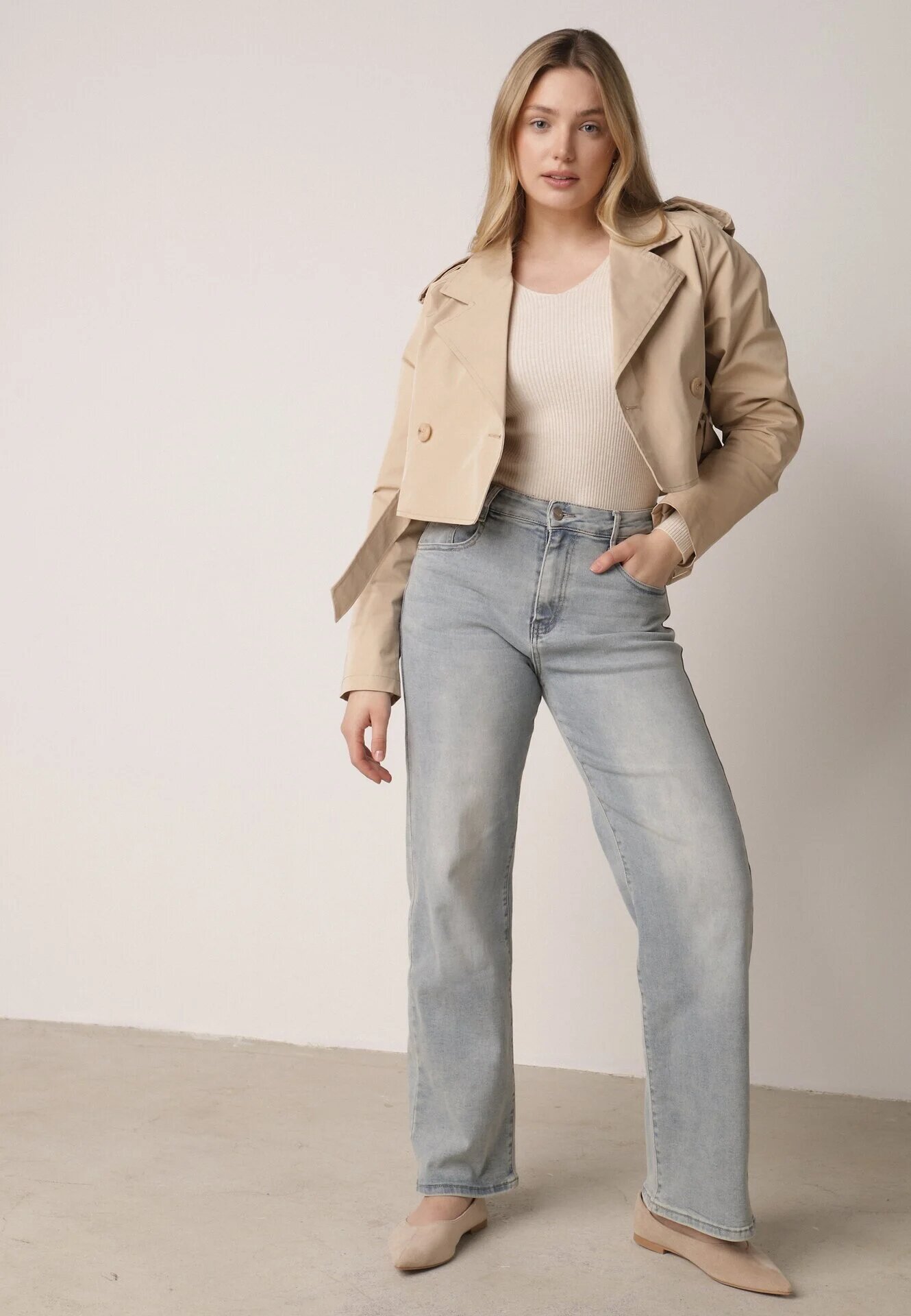 j&x Pulover Bej deschis Mulat din tricot striat cu bumbac cu decolteu în V Tesma