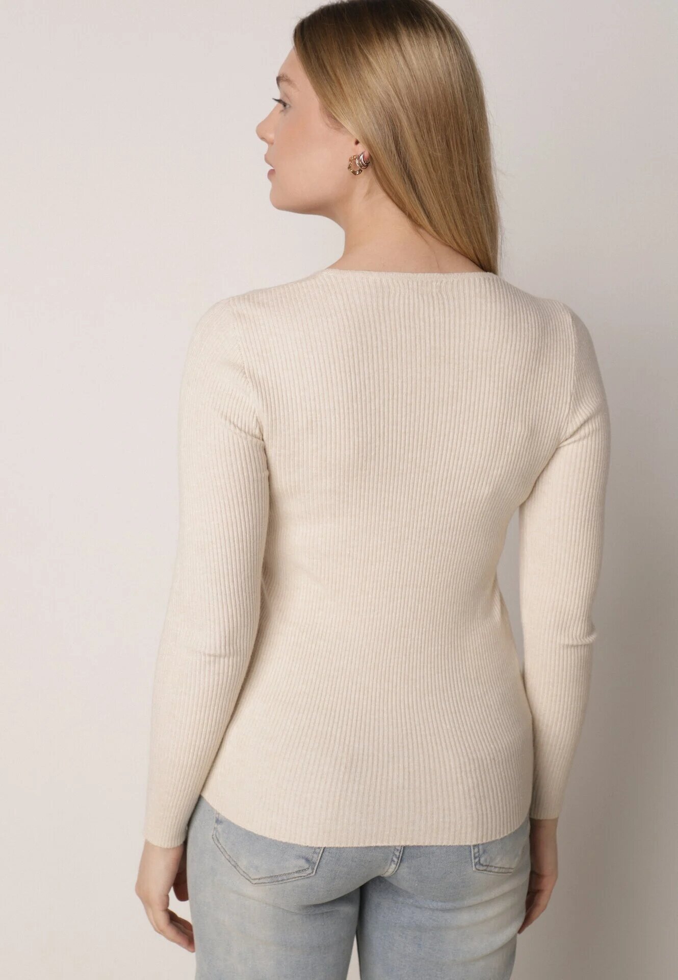 j&x Pulover Bej deschis Mulat din tricot striat cu bumbac cu decolteu în V Tesma