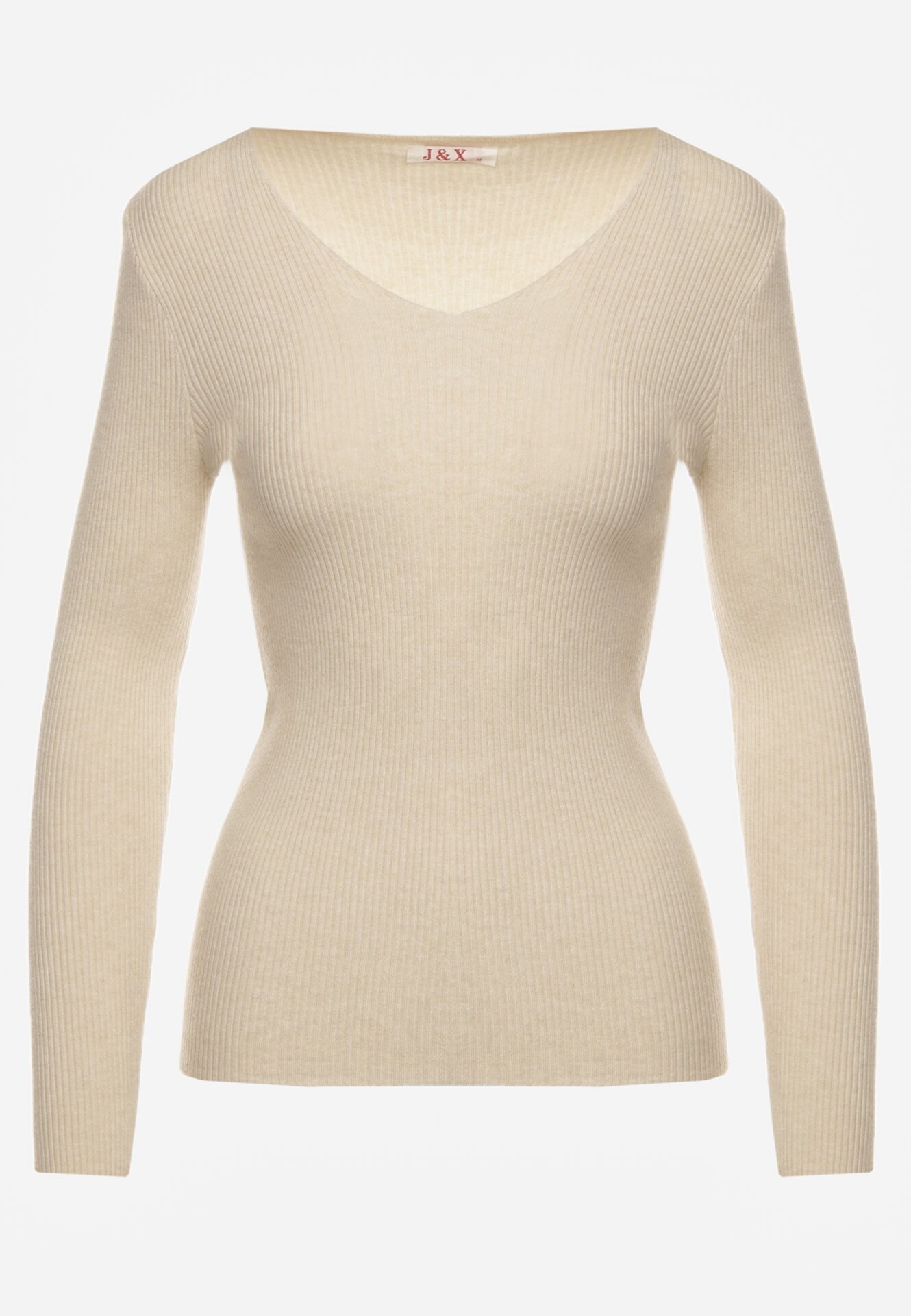 j&x Pulover Bej deschis Mulat din tricot striat cu bumbac cu decolteu în V Tesma