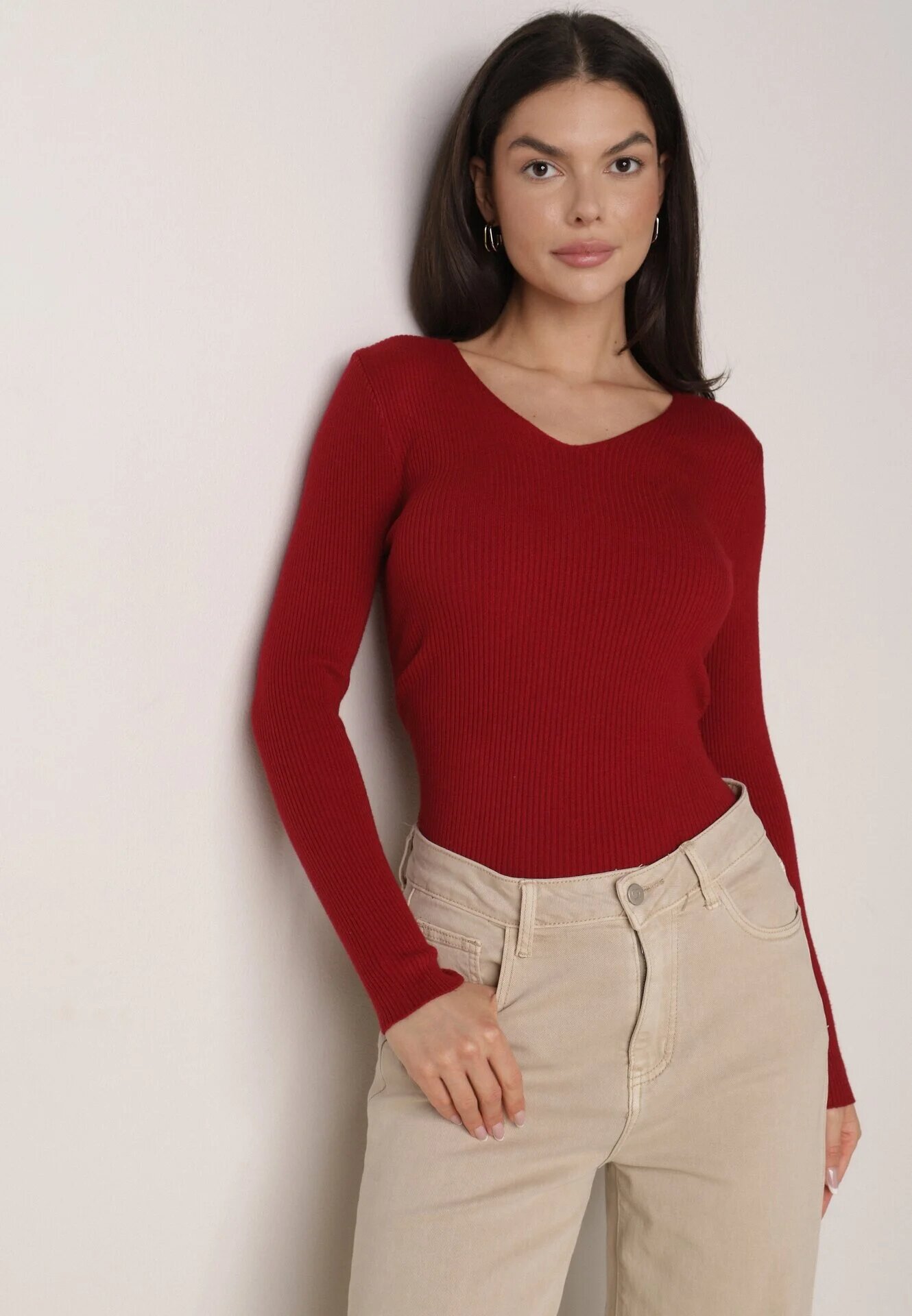 j&x Pulover Bordo Mulat din Tricot Reiat cu Bumbac cu Decolteu în V Tesma