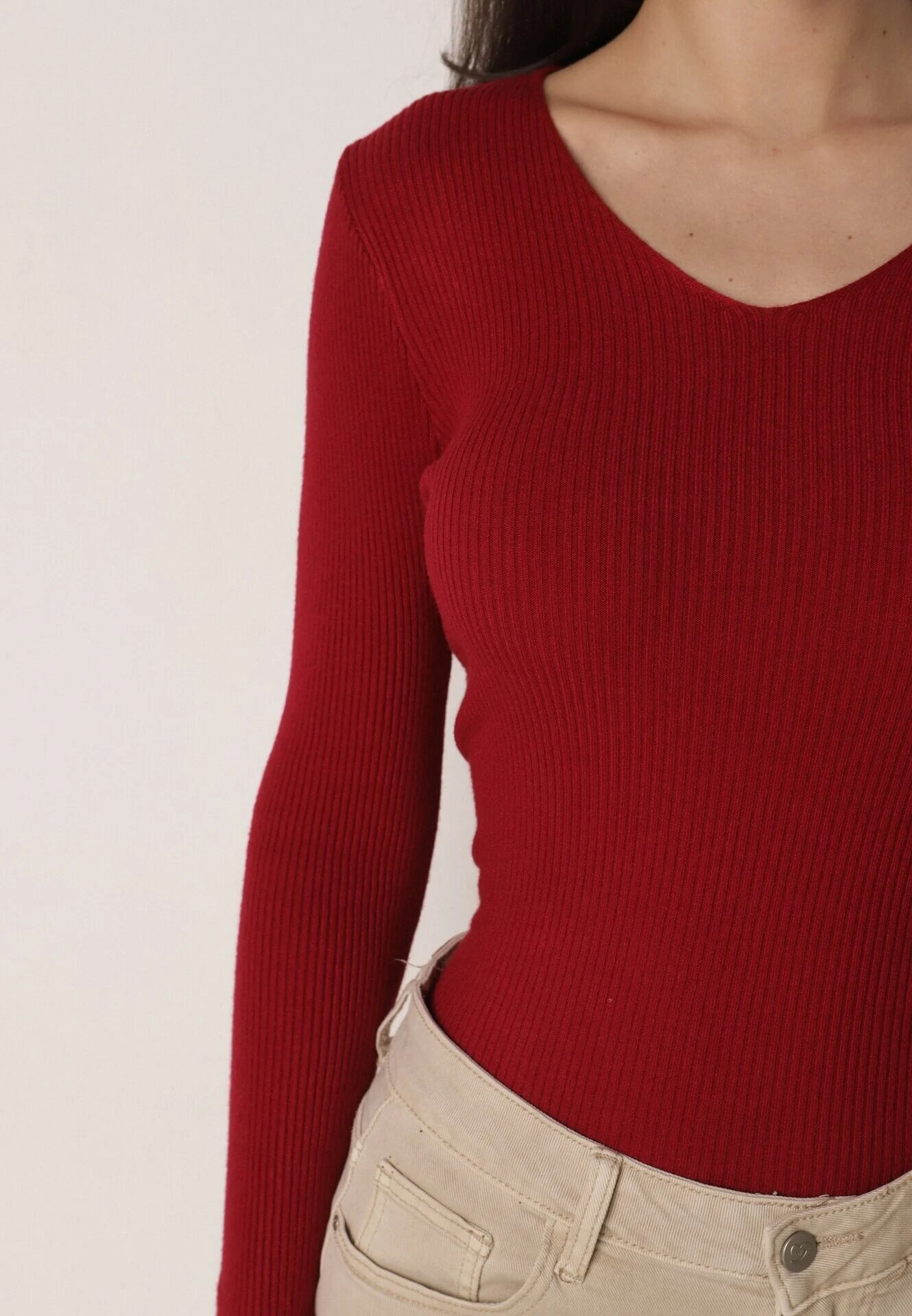 j&x Pulover Bordo Mulat din Tricot Reiat cu Bumbac cu Decolteu în V Tesma