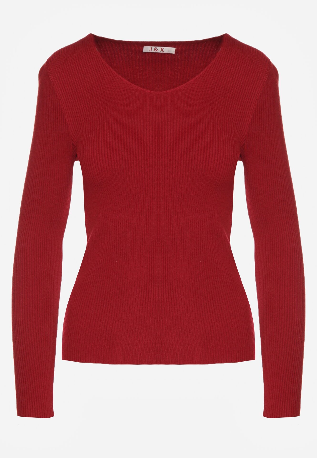 j&x Pulover Bordo Mulat din Tricot Reiat cu Bumbac cu Decolteu în V Tesma