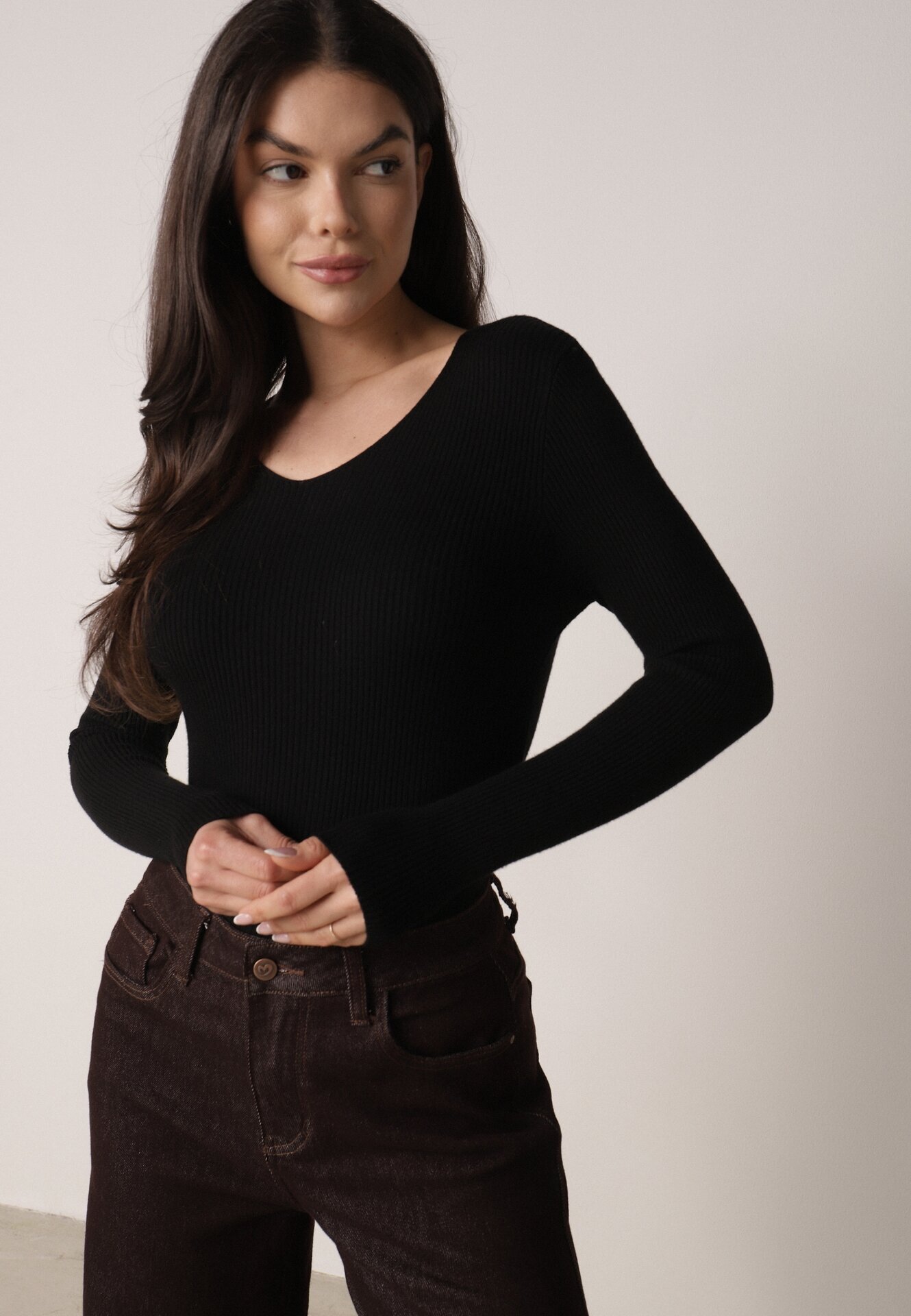 j&x Pulover Cambrat Negru din Tricot Reiat din Bumbac cu Decolteu în V Tesma