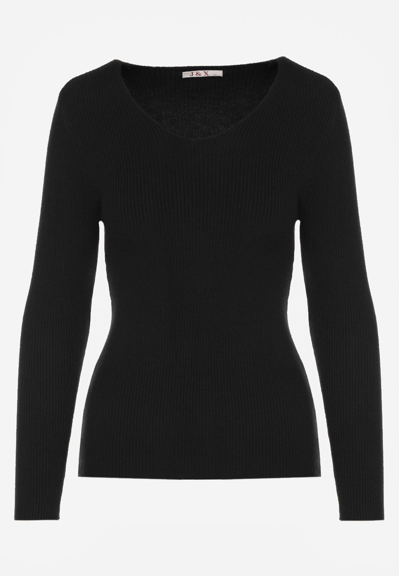 j&x Pulover Cambrat Negru din Tricot Reiat din Bumbac cu Decolteu în V Tesma