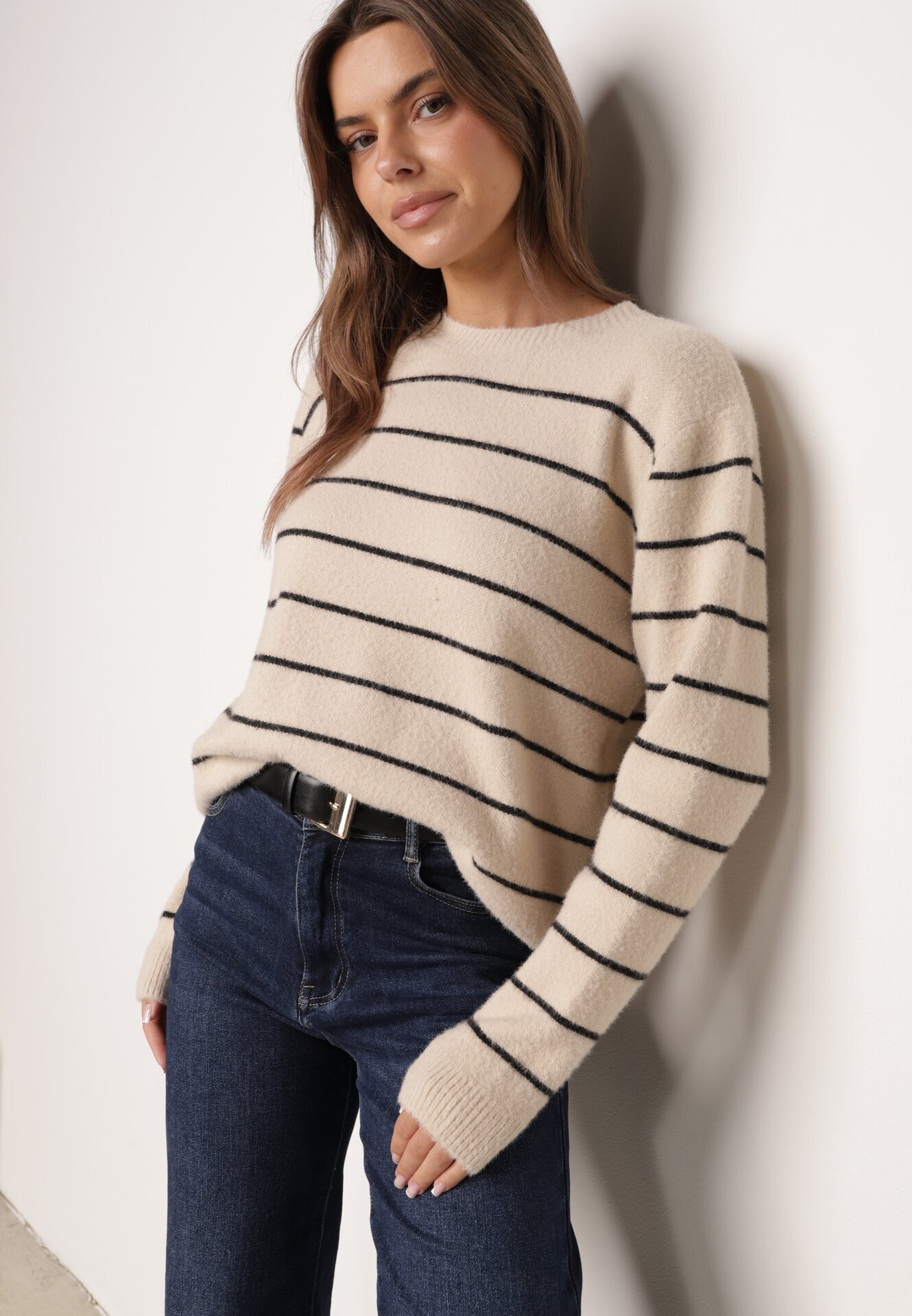 j&x Pulover Casual din lână și bumbac cu croială dreaptă în dungi Nobosa Bej
