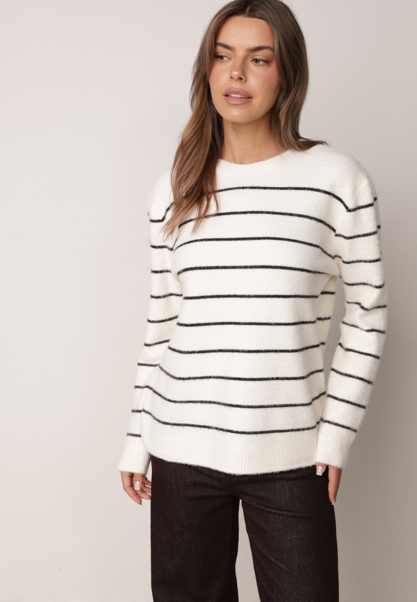 j&x Pulover Casual din lână și bumbac cu croială dreaptă în dungi Nobosa Bej deschis