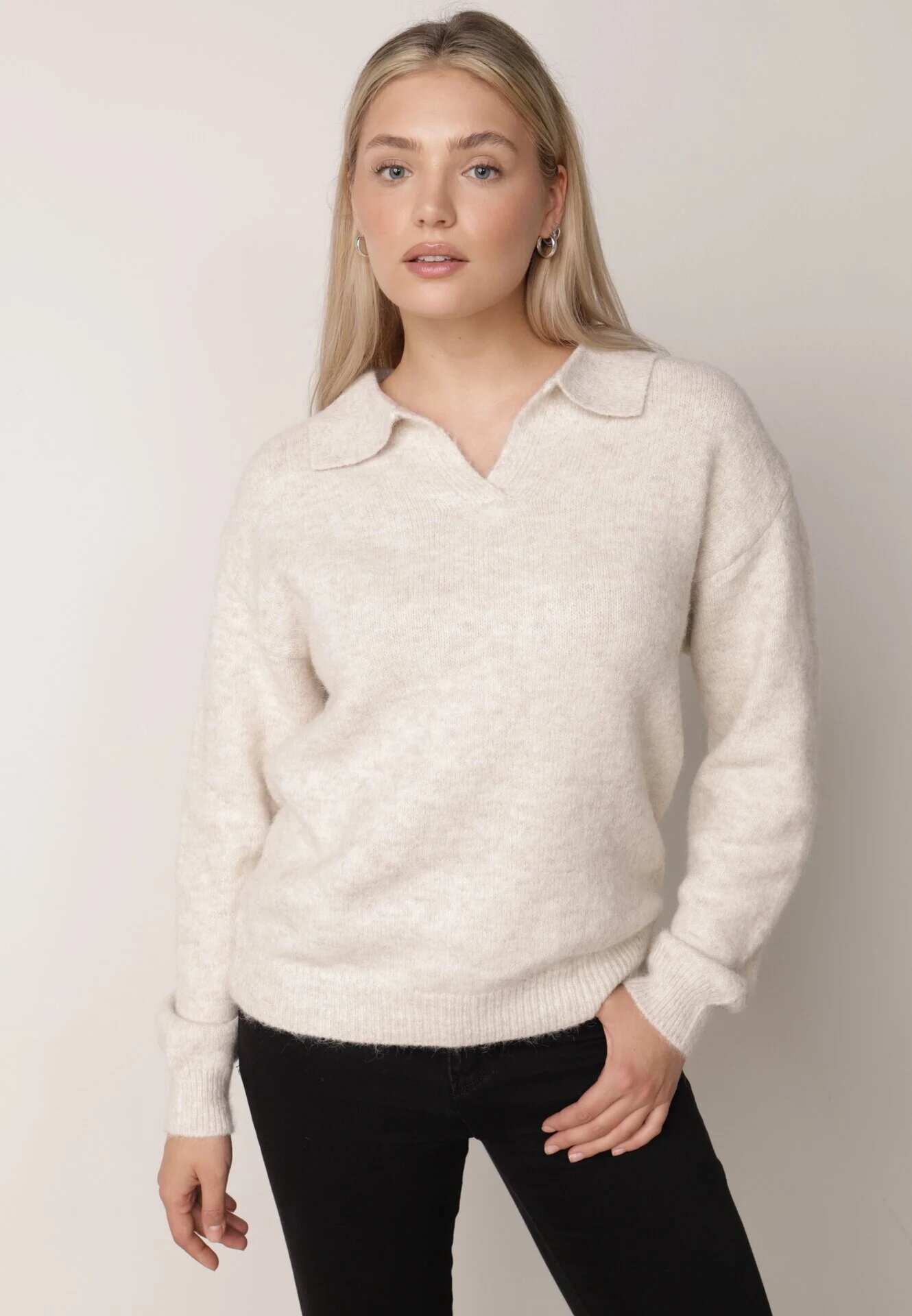 j&x Pulover clasic cu guler polo din tricot moale cu lână Montis Bej deschis