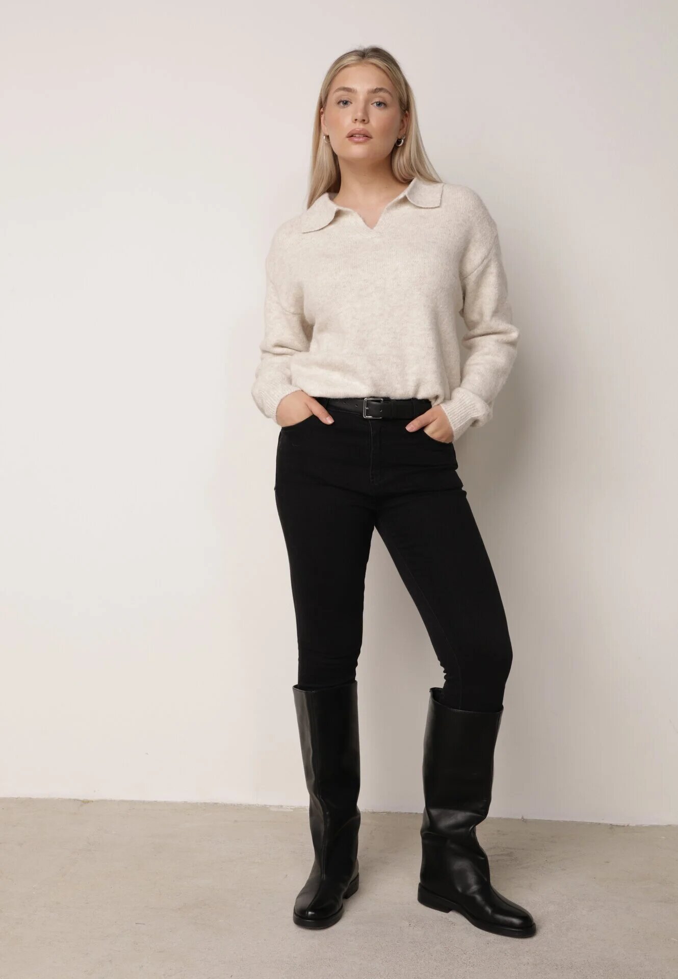 j&x Pulover clasic cu guler polo din tricot moale cu lână Montis Bej deschis
