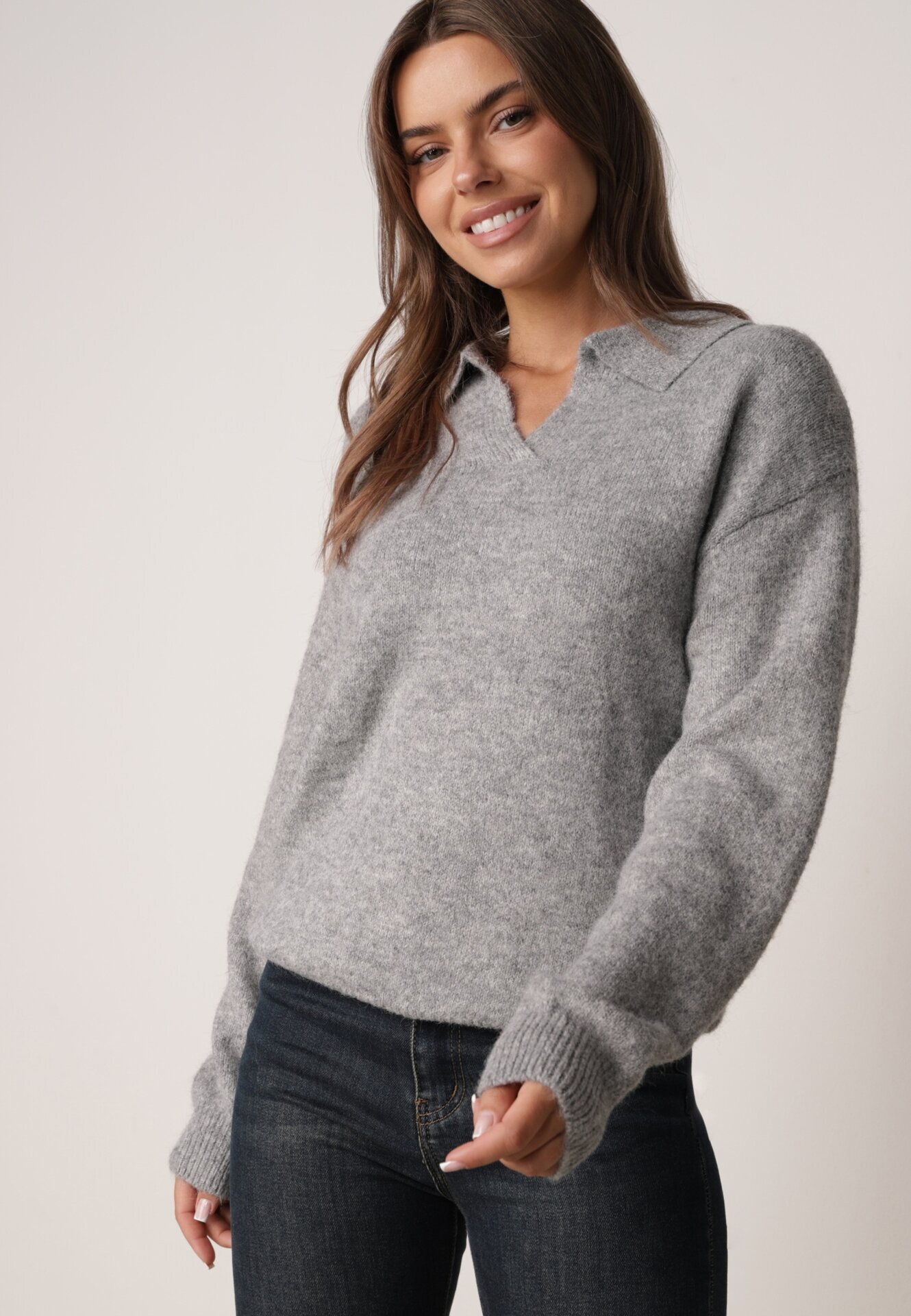 j&x Pulover clasic cu guler polo din tricot moale cu lână Montis Gri