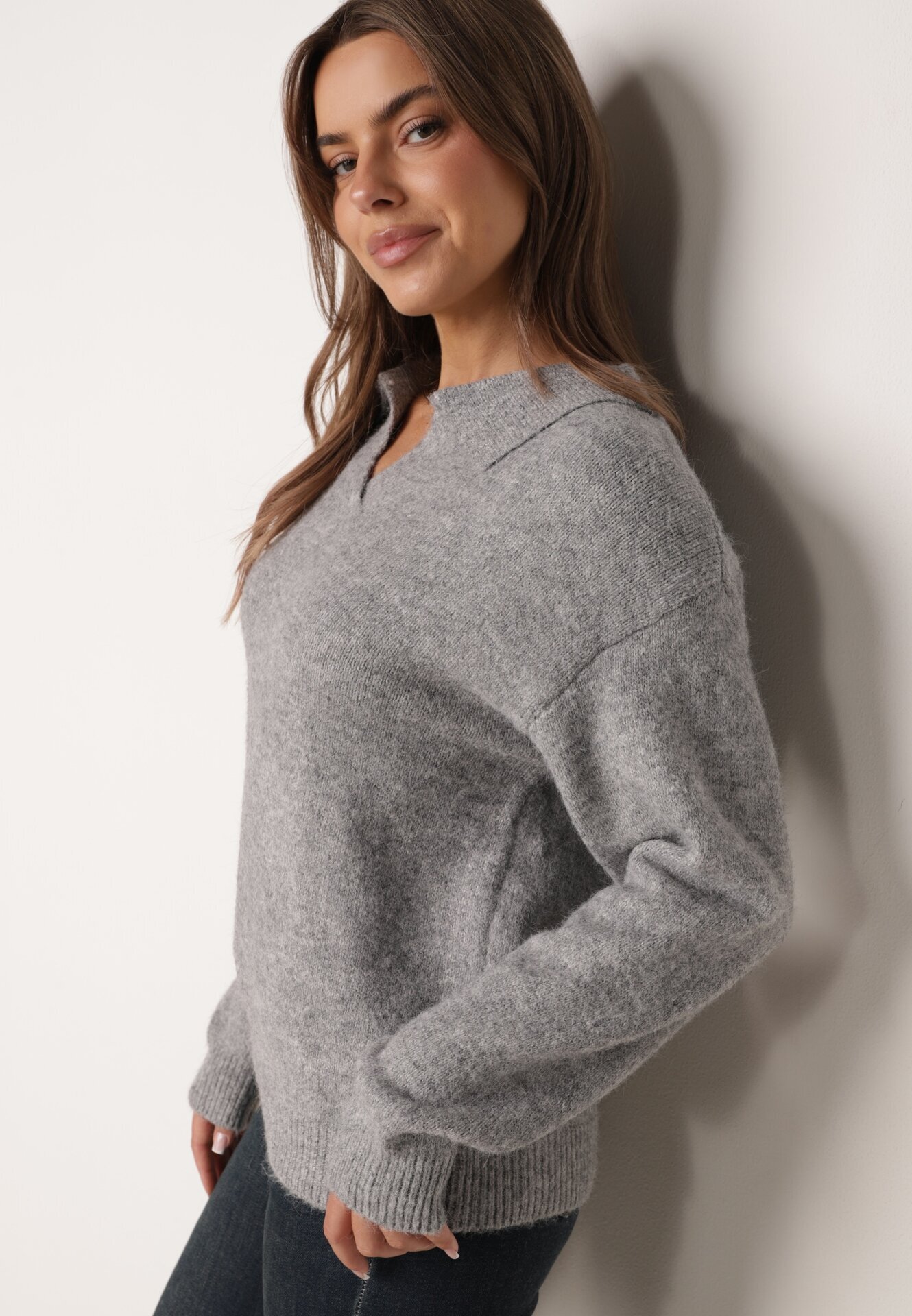 j&x Pulover clasic cu guler polo din tricot moale cu lână Montis Gri