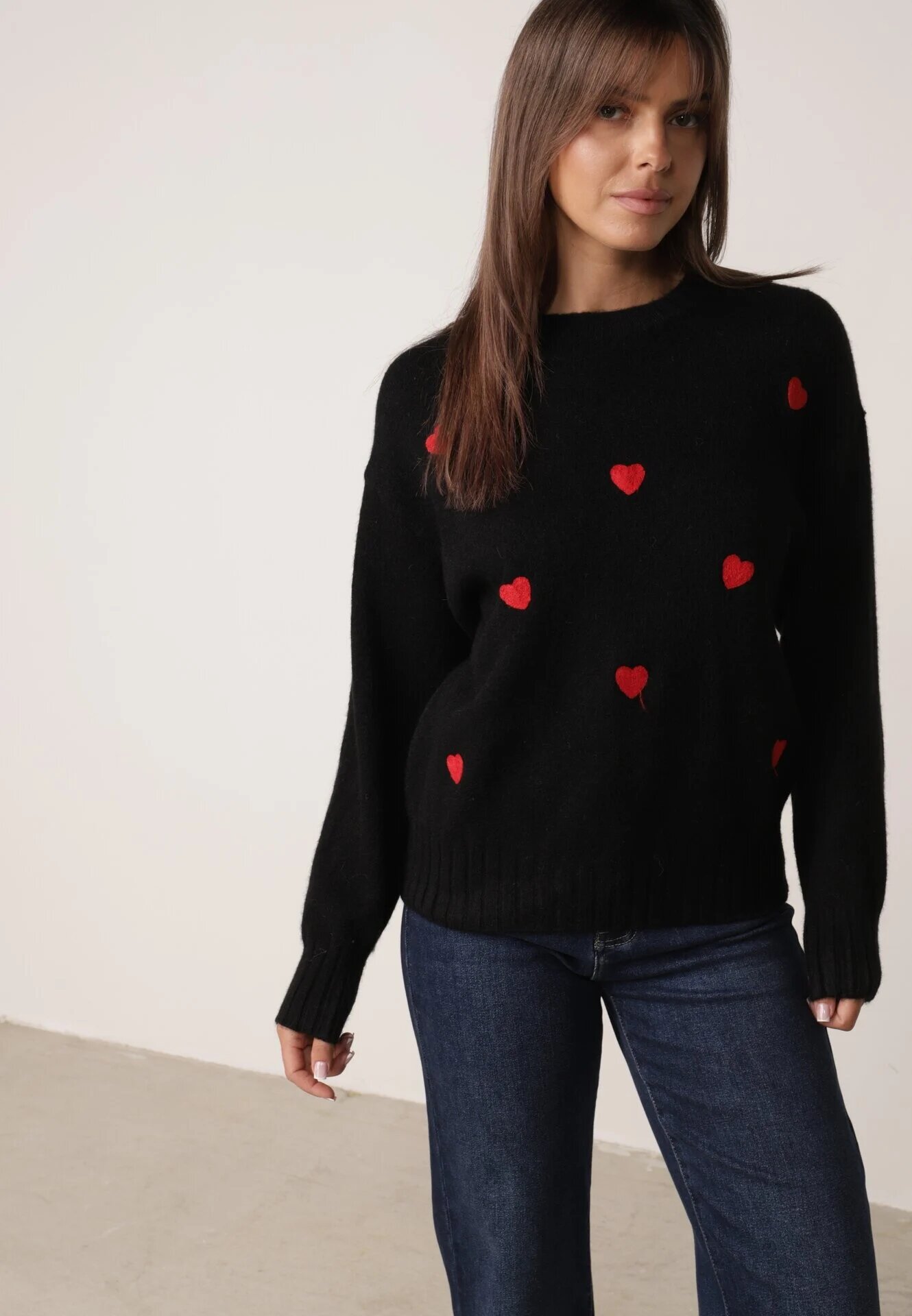 j&x Pulover Clasic cu Lână și Bumbac Decorat cu Broderie în Formă de Inimioare Agastina Negru