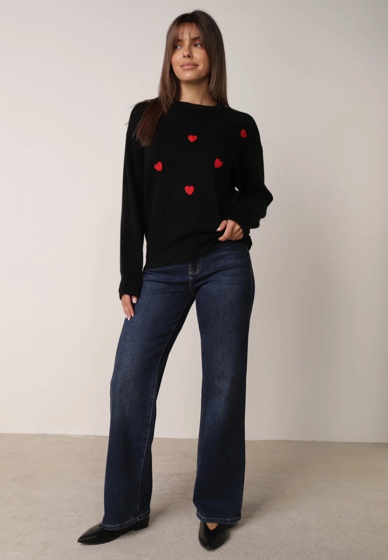 j&x Pulover Clasic cu Lână și Bumbac Decorat cu Broderie în Formă de Inimioare Agastina Negru