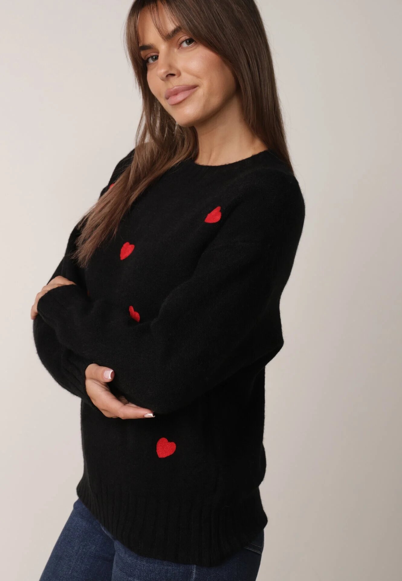 j&x Pulover Clasic cu Lână și Bumbac Decorat cu Broderie în Formă de Inimioare Agastina Negru