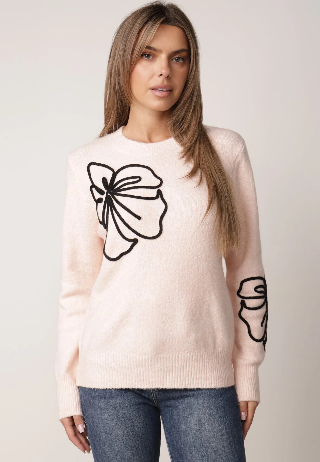 j&x Pulover clasic din lână decorat cu aplicație florală Newlona Roz deschis