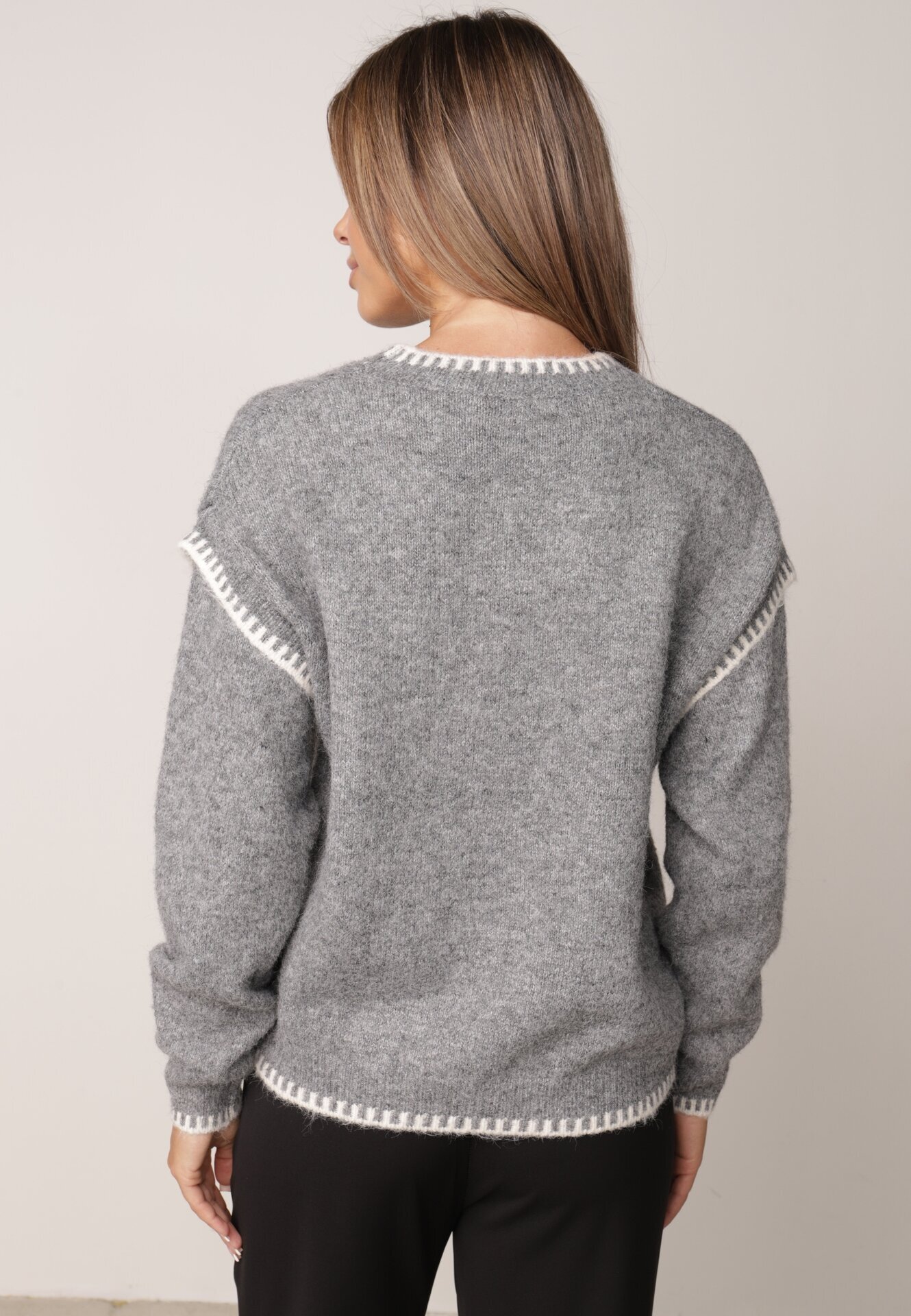 j&x Pulover cu lână bumbac și cusături decorative Mapeia Gri