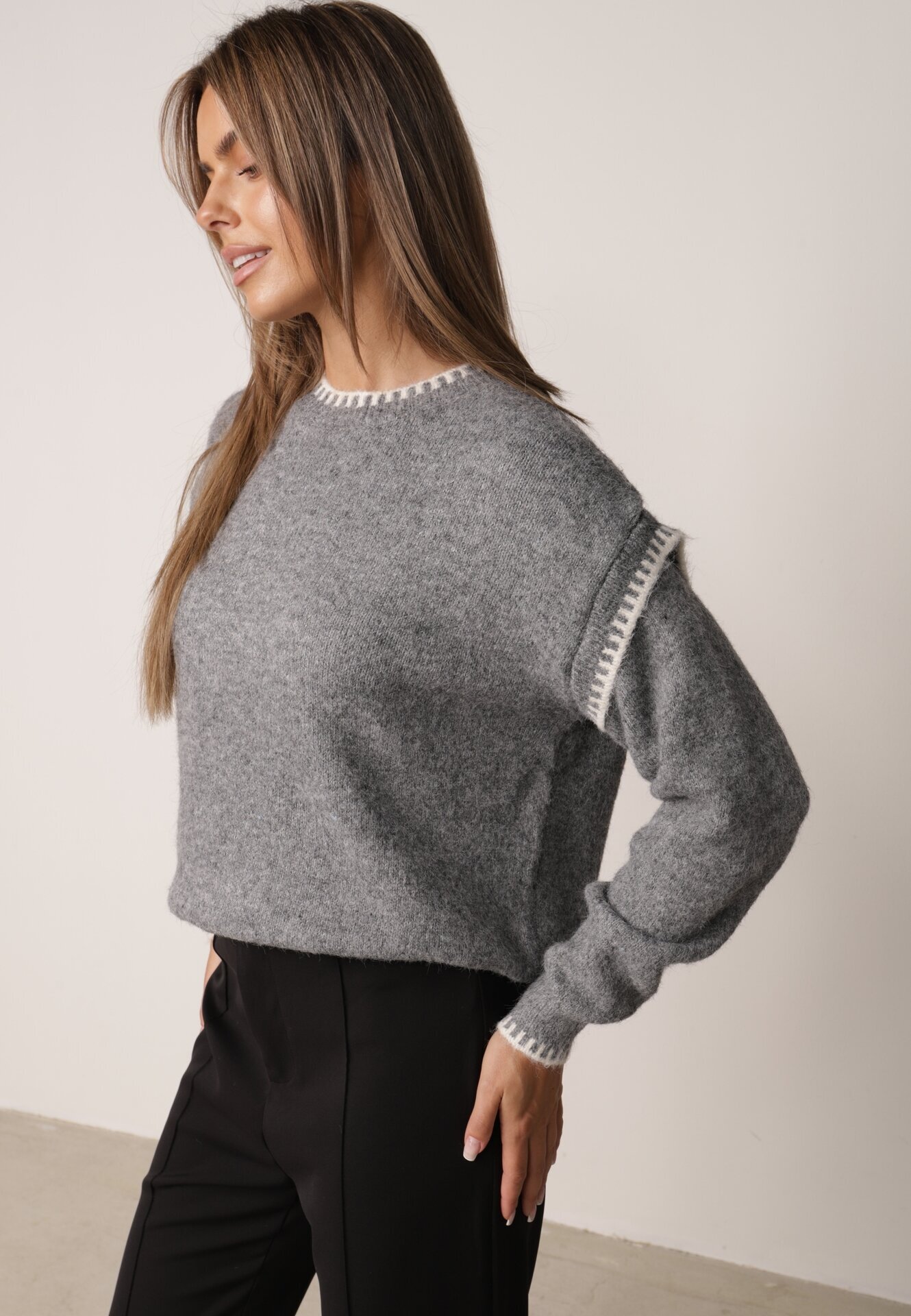 j&x Pulover cu lână bumbac și cusături decorative Mapeia Gri
