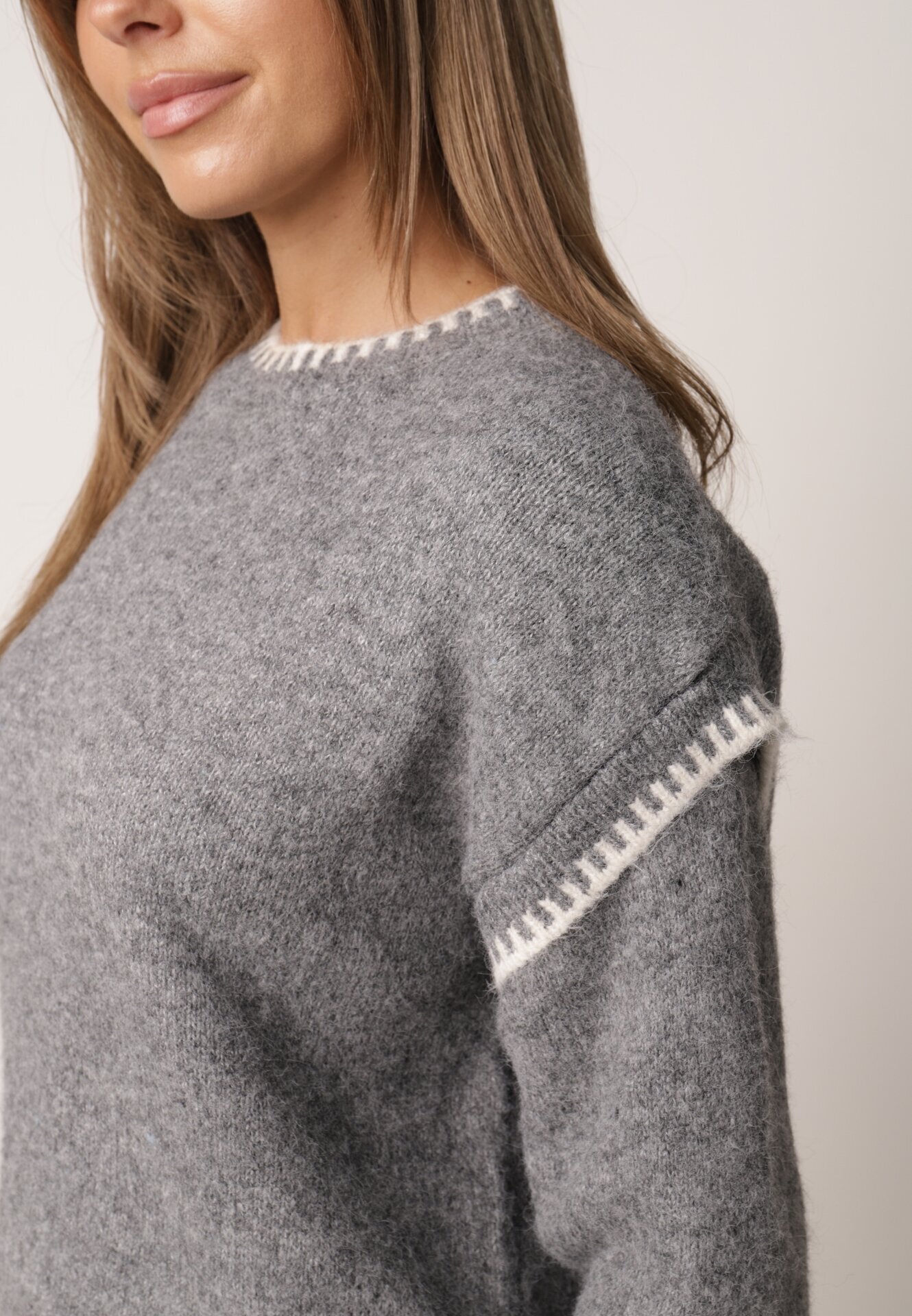 j&x Pulover cu lână bumbac și cusături decorative Mapeia Gri