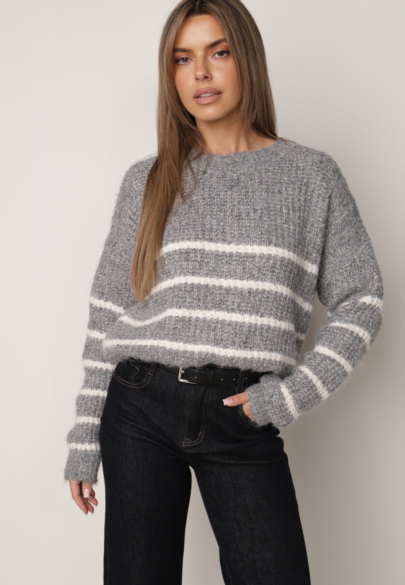 j&x Pulover de iarnă cu dungi croială lejeră cu lână Oradna Gri