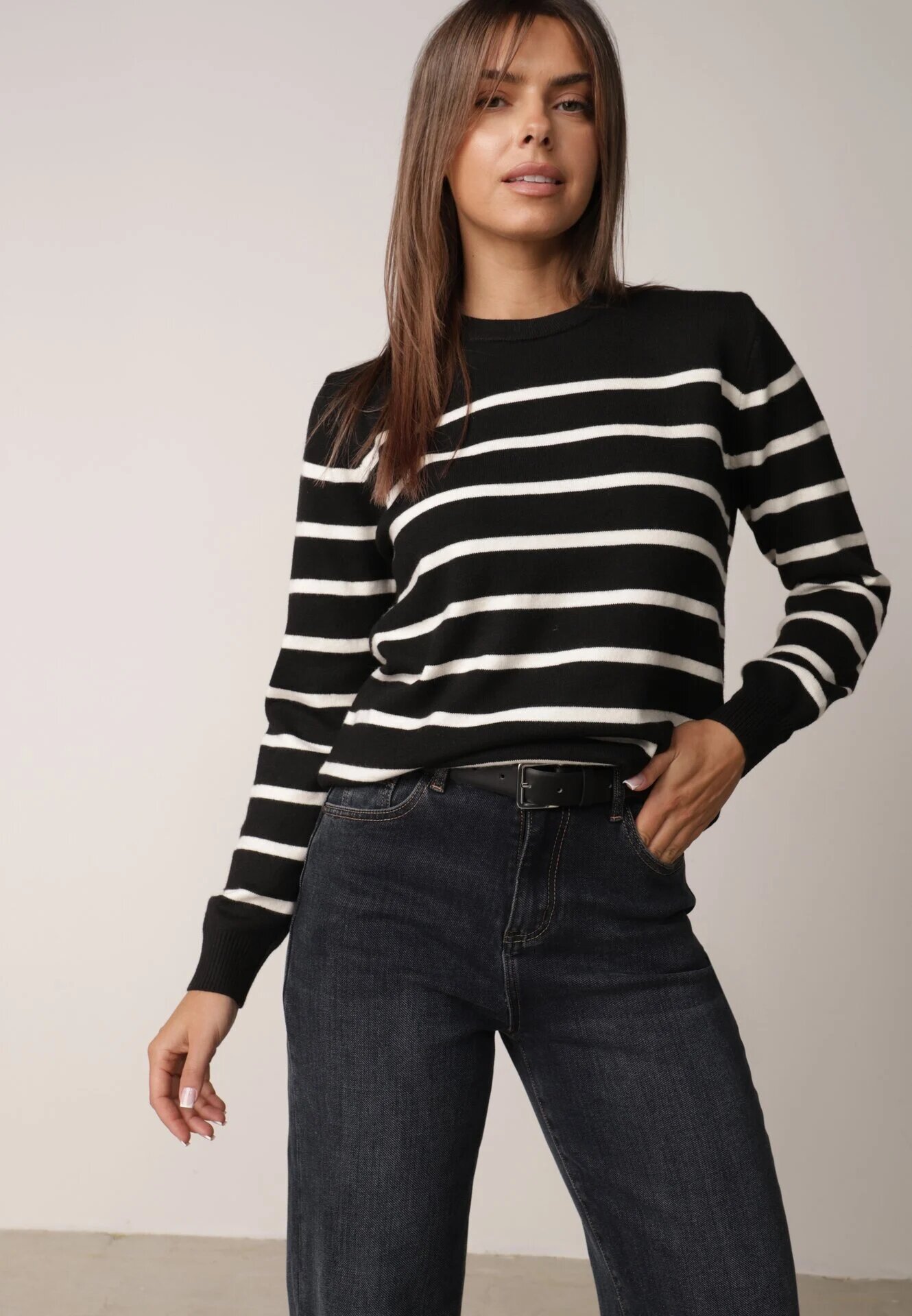 j&x Pulover din bumbac cu dungi și manșete elastice Avreta Negru
