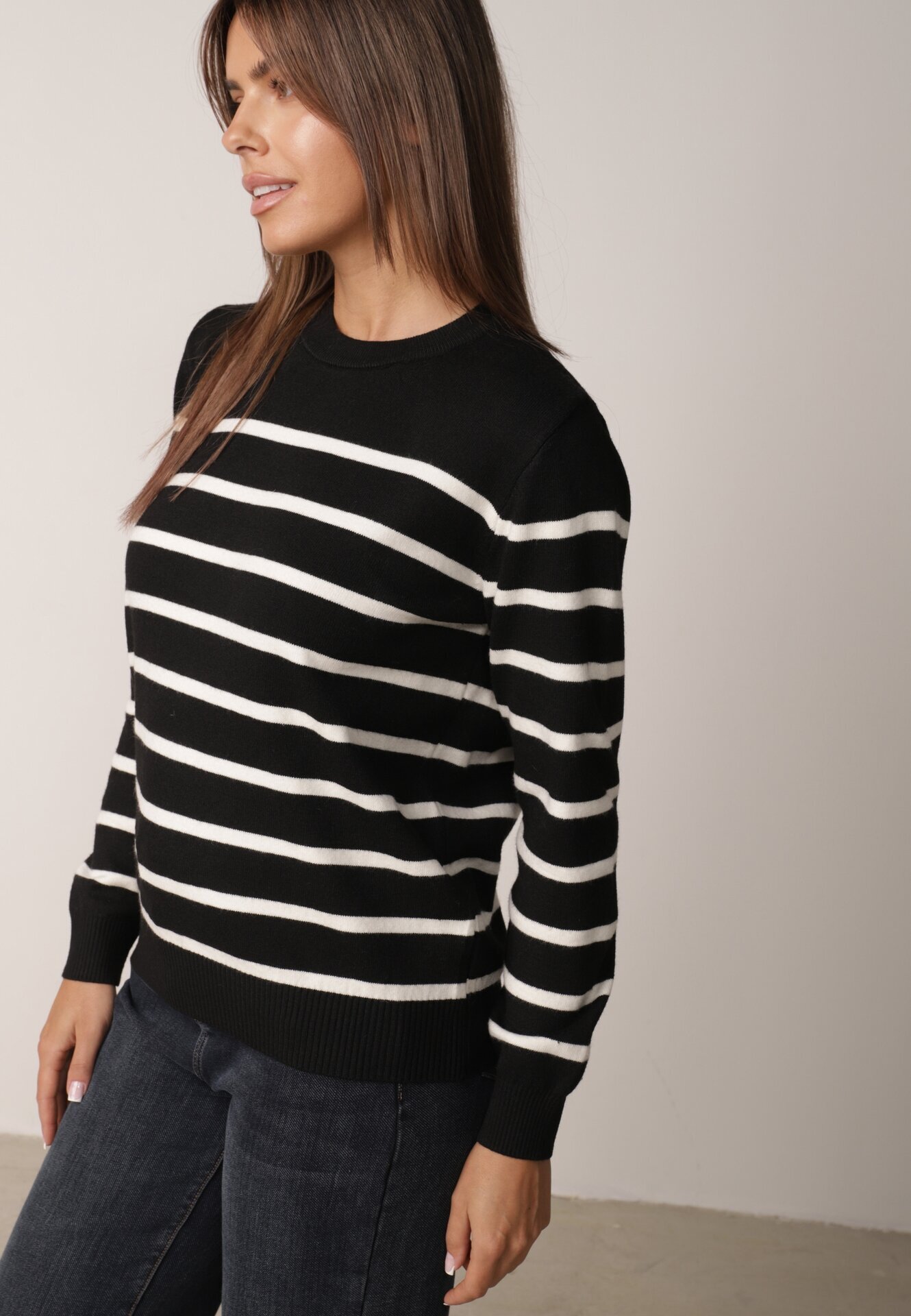 j&x Pulover din bumbac cu dungi și manșete elastice Avreta Negru
