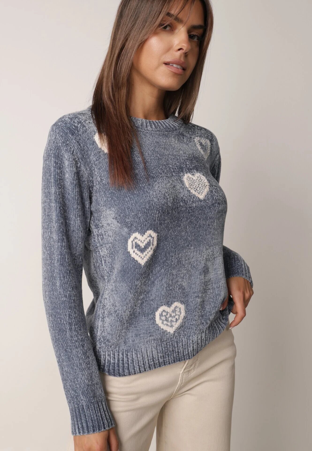 j&x Pulover din bumbac decorat cu motiv de inimi Lovric Albastru